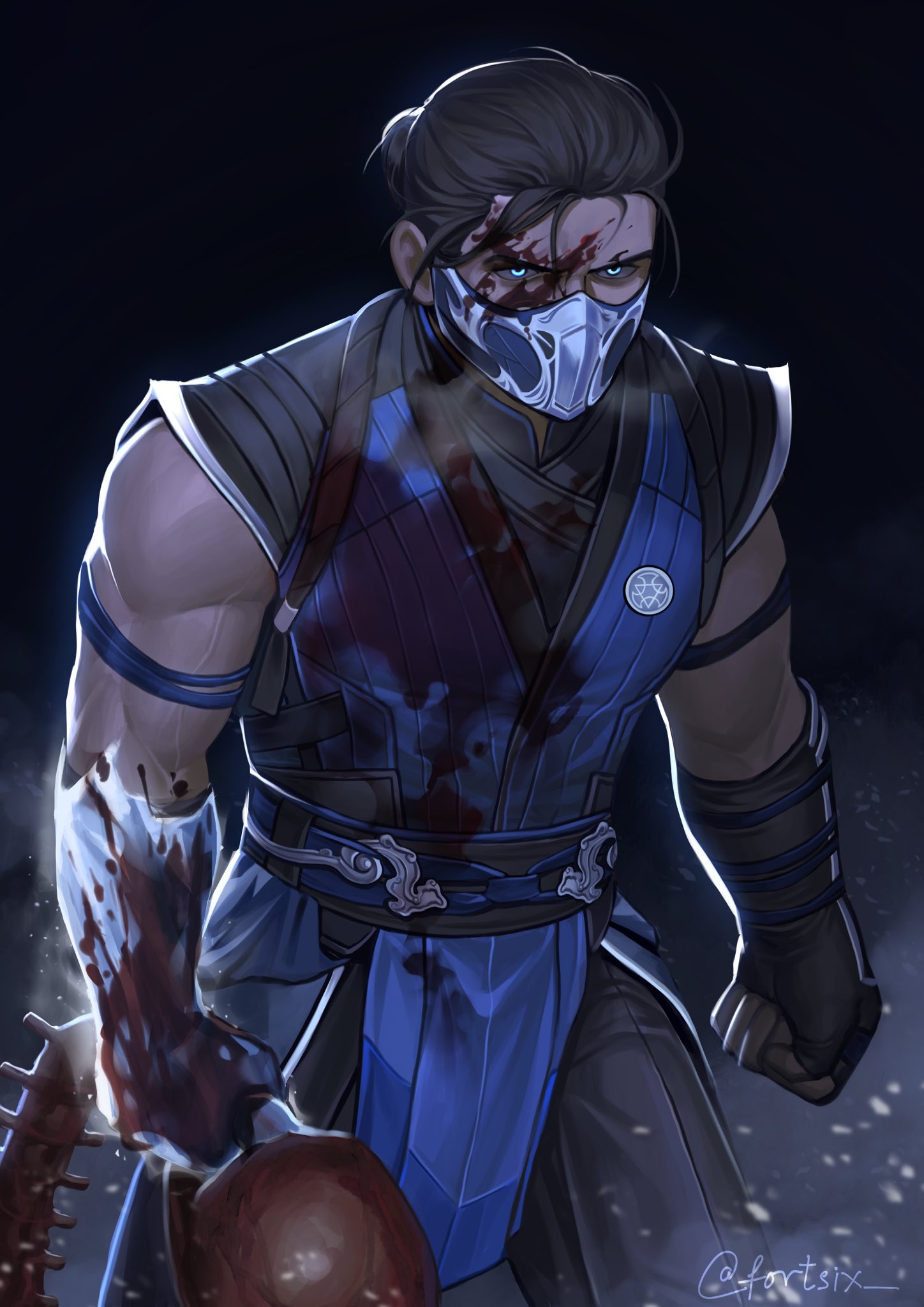 1boy black_gloves black_hair black_pants blood blood_on_clothes blood_on_face blood_on_hands blue_eyes fortsix gloves hair_bun highres kuai_liang male_focus mask mortal_kombat_(series) mortal_kombat_1_(2023) mouth_mask muscular muscular_male ninja pants short_hair solo sub-zero twitter_username