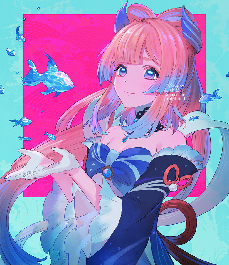 1girl artist_name bare_shoulders black_choker blue_border blue_bow blue_gemstone blue_hair blush border bow bow-shaped_hair breasts choker closed_mouth detached_sleeves fish frills gem genshin_impact gloves gradient_hair hair_ornament hands_up jewelry long_hair long_sleeves looking_at_viewer medium_breasts multicolored_hair necklace pink_background pink_hair pom_pom_(clothes) purple_eyes purple_hair red_ribbon ribbon rowya sangonomiya_kokomi simple_background smile solo standing twintails vision_(genshin_impact) watermark white_border white_gloves wide_sleeves