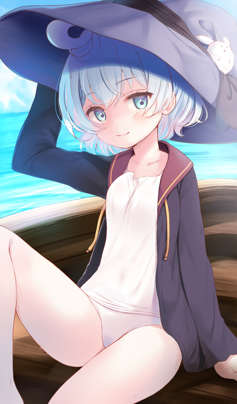 ahoge black_bow black_jacket blue_eyes blue_hair blush boat bow breasts cloud collarbone commentary_request dot_nose drawstring feet_out_of_frame hand_on_headwear hat highres jacket komone_ushio leg_up light_blue_hair light_blush long_sleeves looking_at_viewer original petite purple_headwear rabbit_ornament shirt short_hair sitting sky small_breasts smile solo swimsuit thighs water watercraft white_shirt white_swimsuit witch_hat