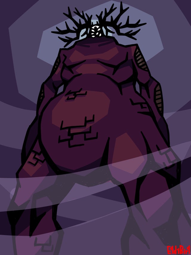 2020 7_eyes antlers artist_name belly biped colored digital_drawing_(artwork) digital_media_(artwork) eddybird front_view horn horned_humanoid humanoid kaiju looking_down low-angle_view male multi_eye overweight overweight_male portrait red_body red_scales red_text scales scp-2317-k scp_foundation signature solo standing text three-quarter_portrait worm's-eye_view