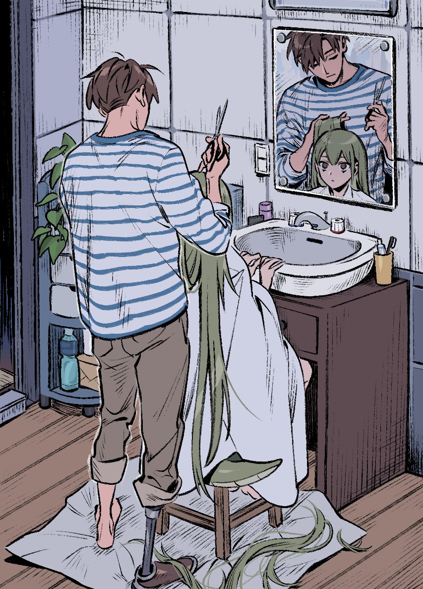 2boys bathroom bottle brown_eyes brown_hair brown_pants cabinet closed_eyes cup cutting_hair double-parted_bangs dragon_boy dragon_tail faucet full_body green_hair hana_(adey) henry_(adey) holding holding_scissors long_hair mirror multiple_boys original otoko_no_ko pants plant potted_plant reflection scissors shirt short_hair sink sitting sketch spiked_hair striped striped_shirt tail ten_(lu2948d) tile_wall tiles toothbrush toothpaste very_long_hair water_bottle wooden_floor wooden_stool