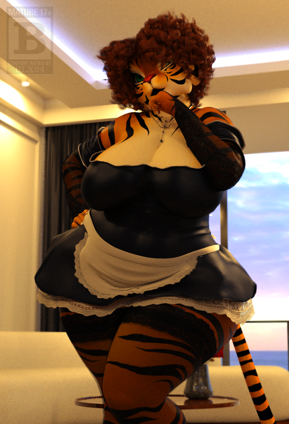 3d_(artwork) blx24 breasts cleavage clothed clothing digital_media_(artwork) felid female hi_res maid_uniform mammal pantherine tiger tigress_(disambiguation) uniform