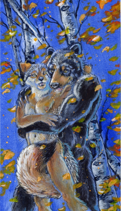 20233 anthro aspen_tree bear black_body black_fur brown_body brown_fur canid canine canis claws covering covering_self covering_self_with_tail duo embrace fur heather_bruton hug looking_at_viewer male male/male mammal muscular muscular_anthro muscular_arms muscular_male nipples nude open_mouth plant sky tan_body tan_fur tree white_body white_fur wolf