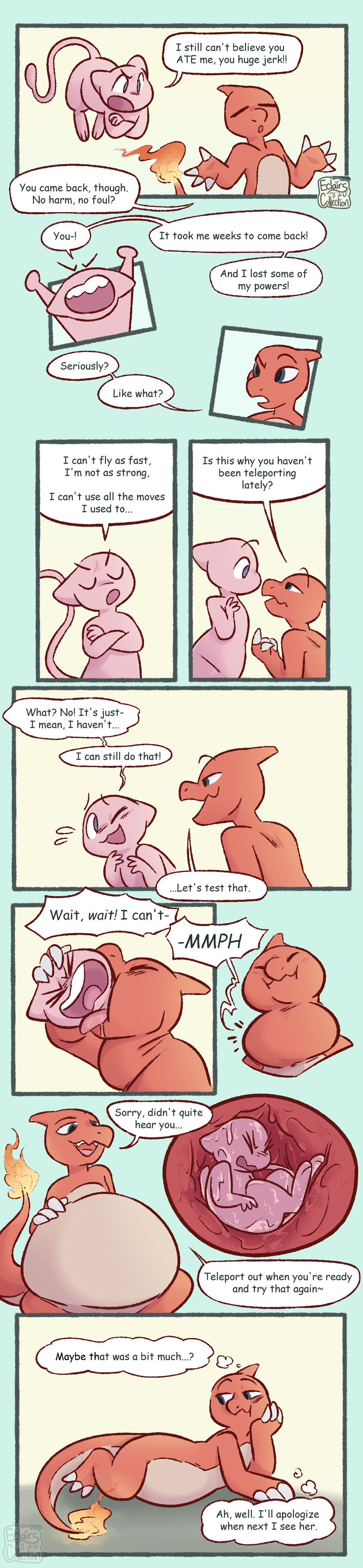 absurd_res ambiguous/ambiguous ambiguous_gender ambiguous_pred ambiguous_prey angry anthro bodily_fluids charmeleon comic dialogue digestion digital_media_(artwork) duo eclairscollection fatal_vore felid generation_1_pokemon hi_res internal legendary_pokemon long_image mammal mew_(pokemon) neck_bulge nintendo oral_vore pokemon pokemon_(species) saliva scalie soft_vore speech_bubble swallowing tail tall_image thought vore weight_gain