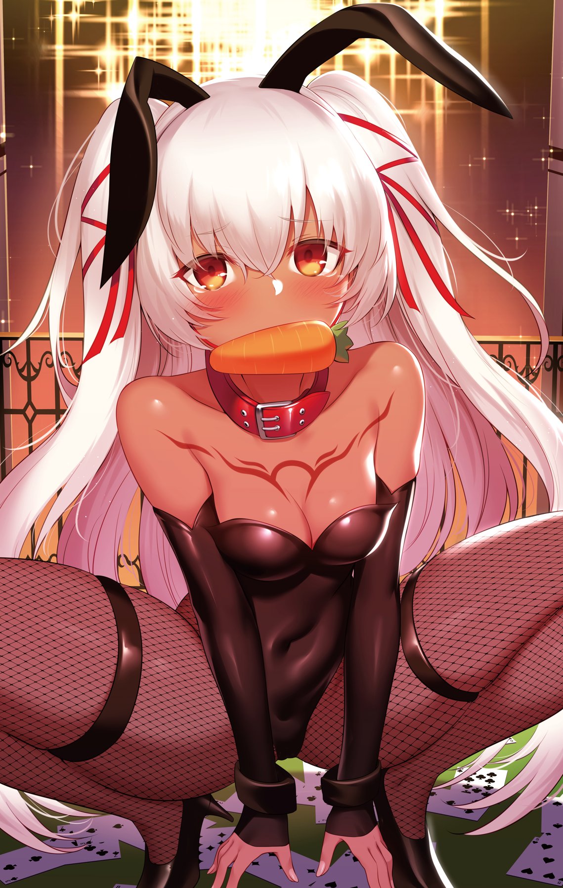1girl animal_ears black_leotard breasts card carrot cleavage commentary_request dark-skinned_female dark_skin fake_animal_ears fishnet_pantyhose fishnets food_in_mouth gate highres leotard long_hair looking_at_viewer m-da_s-tarou on_table orange_eyes original pantyhose playboy_bunny playing_card poker_table rabbit_ears small_breasts solo squatting table white_hair