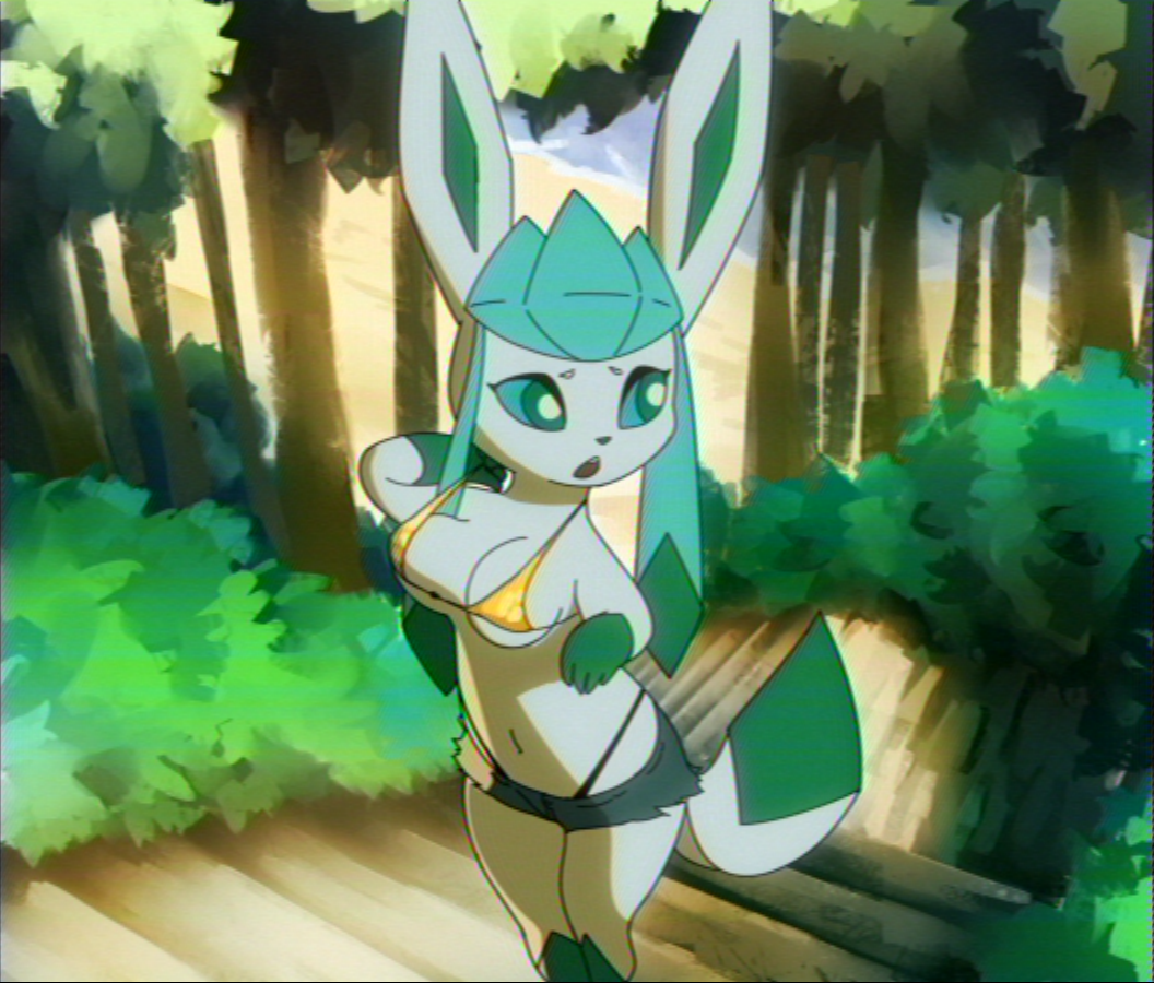 anthro big_breasts bikini bikini_top black_nose blue_body blulesnsfw bottomwear breasts canid cleavage clothed clothing cutoffs denim denim_clothing digital_media_(artwork) eeveelution female fingers fur generation_4_pokemon glaceon hair looking_back mammal midriff navel nintendo open_mouth outside plant pokemon pokemon_(species) shorts shrub solo stairs standing swimwear tail thong_straps topwear tree yellow_bikini yellow_bikini_top yellow_clothing yellow_swimwear