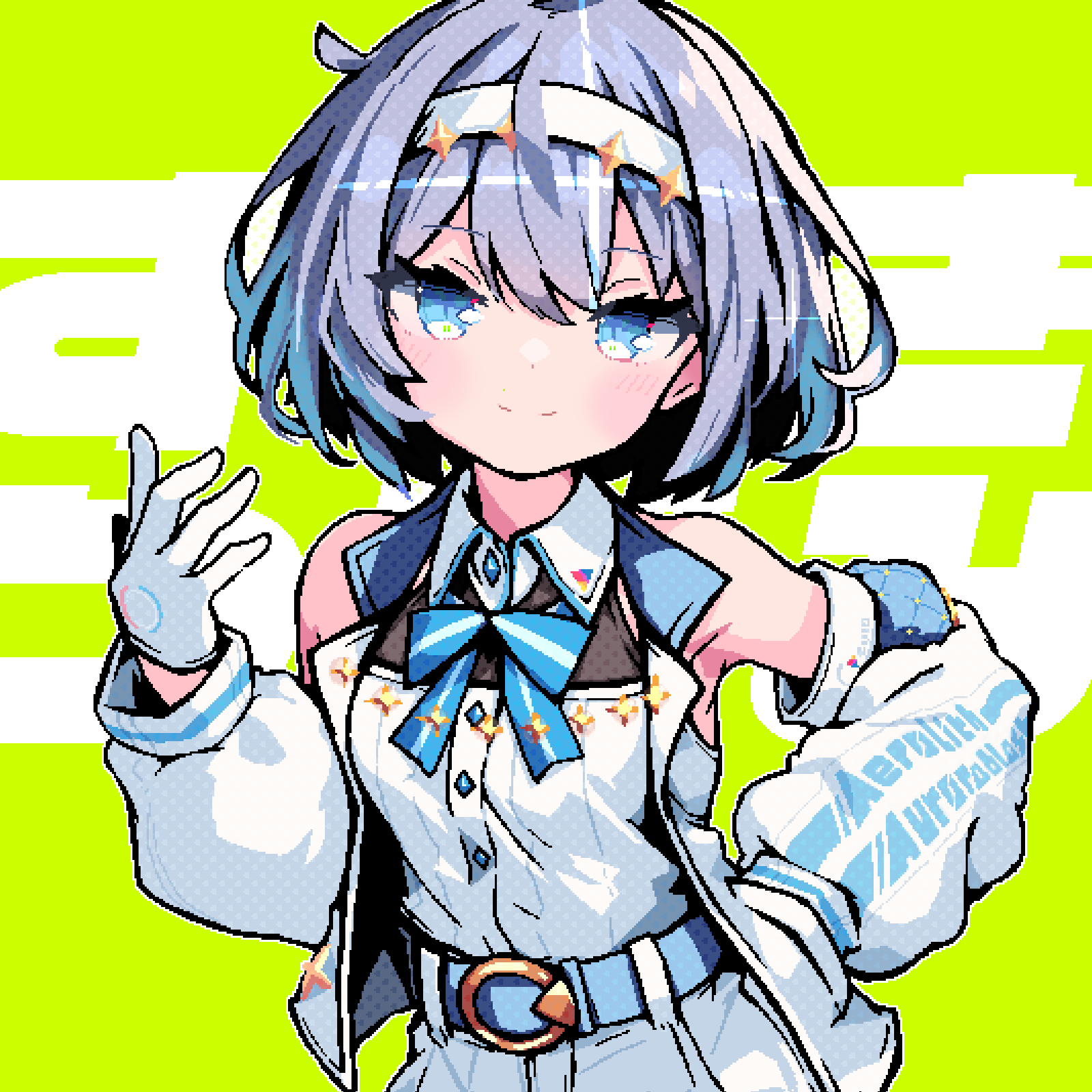1girl armpits belt blue_belt blue_bow blue_bowtie blue_eyes blue_hair blush bob_cut bow bowtie cevio chain character_name closed_mouth collared_shirt commentary_request contrapposto demusato_(udmp) detached_sleeves gloves gold_chain green_background hairband halftone hand_in_pocket hand_on_own_hip hand_up head_tilt highres jacket long_sleeves looking_at_viewer open_clothes open_jacket pixel_art puffy_long_sleeves puffy_sleeves quilted_clothes ribbed_shirt shirt short_hair shorts sleeveless sleeveless_jacket smile solo suzuki_tsudumi text_background upper_body white_gloves white_hairband white_jacket white_shirt white_shorts