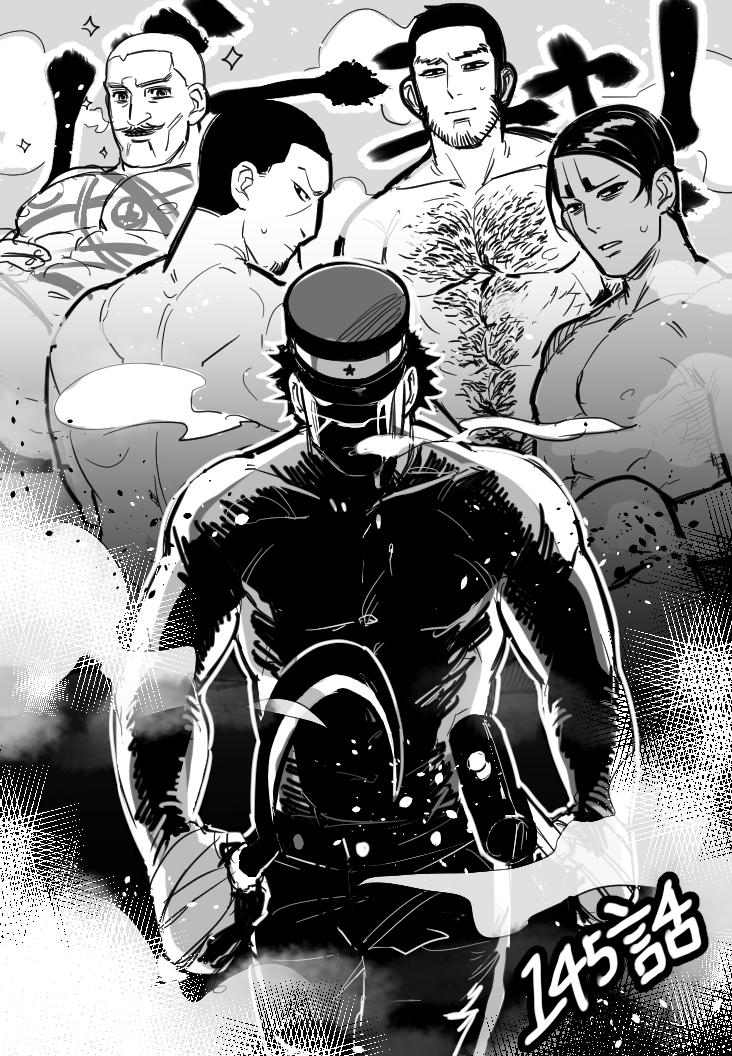 5boys abs aoi_(husiginokuninoa) bara buzz_cut chest_hair convenient_censoring facial_hair feet_out_of_frame golden_kamuy greyscale hairy hammer_and_sickle hat kepi koito_otonoshin large_pectorals male_focus military_hat monochrome multiple_boys muscular muscular_male mustache nipples nude pants pectorals scar scar_on_face scar_on_mouth scar_on_nose serious shaded_face short_hair sickle smile sparkling_aura steam steam_censor sugimoto_saichi tanigaki_genjirou toned toned_male translation_request tsukishima_hajime upper_body very_short_hair