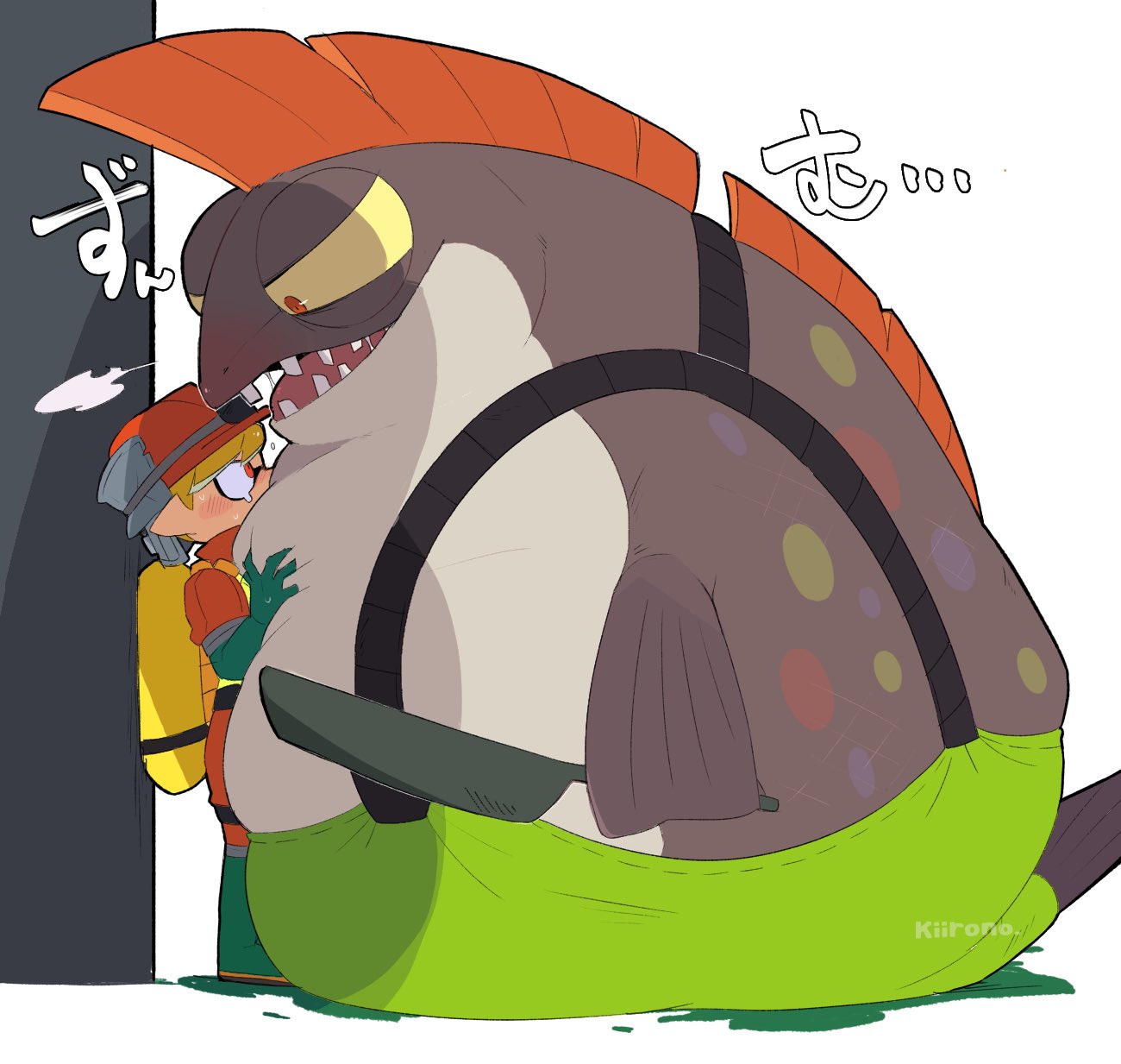 against_surface against_wall animal_humanoid anthro belly blonde_hair blush cephalopod cephalopod_humanoid clothing cohock_(splatoon) duo fin fish hair hi_res humanoid inkling japanese_text kabedon kiirono16 male male/male marine marine_humanoid mollusk mollusk_humanoid nintendo overalls overweight pan red_eyes salmonid_(splatoon) splatoon text yellow_sclera