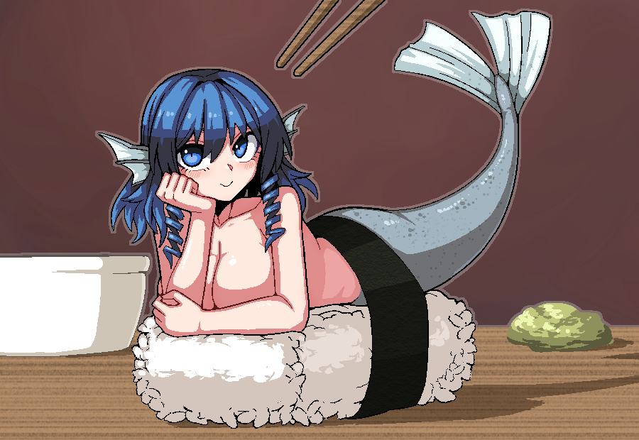 1girl blue_eyes blue_hair blush breasts chopsticks cleavage closed_mouth collarbone drill_hair fins food formicid hair_between_eyes head_fins large_breasts looking_at_viewer medium_hair mermaid monster_girl rice smile solo sushi touhou wakasagihime