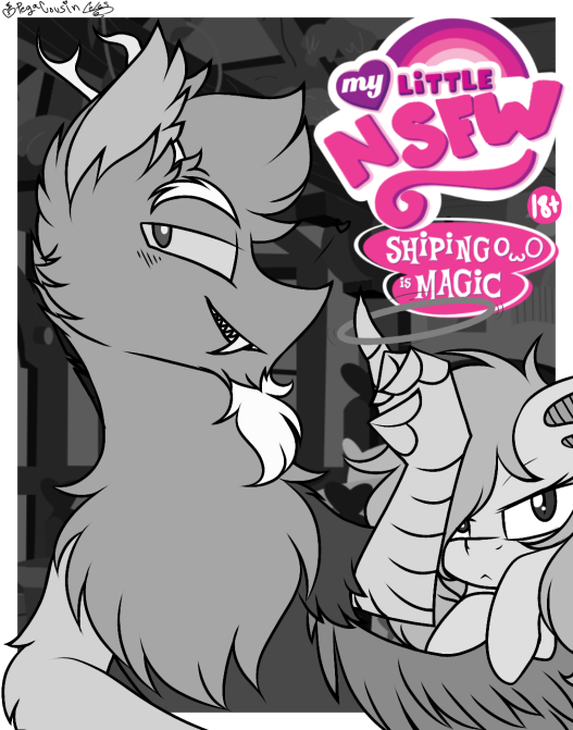 2019 anthro black_and_white blush blush_lines comic_book_cover discord_(mlp) duo equid equine fangs female feral flutterbat_(mlp) fluttershy_(mlp) friendship_is_magic fruit_bat_(mlp) hasbro looking_at_viewer male male/female mammal monochrome my_little_pony owo pegacousin pegasus spinning_object suggestive teeth watermark wings