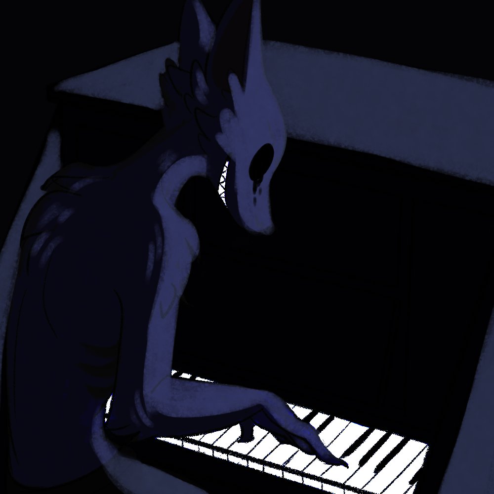 2019 ambiguous_gender anthro canid canine canis coyote creepy empty_eyes harsh_lighting keyboard_instrument male_(lore) mammal musical_instrument nan_quest piano playing_music playing_piano sacrednanners santiago_(nq) sharp_teeth smile solo teeth