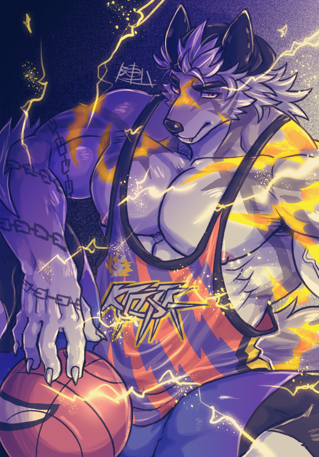 anthro backwards_hat ball basketball_(ball) canid canine canis claws clothing electricity hat headgear headwear lifewonders male mammal muscular muscular_anthro muscular_male nipples pecs q'ursha_(housamo) shirt solo tank_top tokyo_afterschool_summoners topwear wolf zinpatink_m