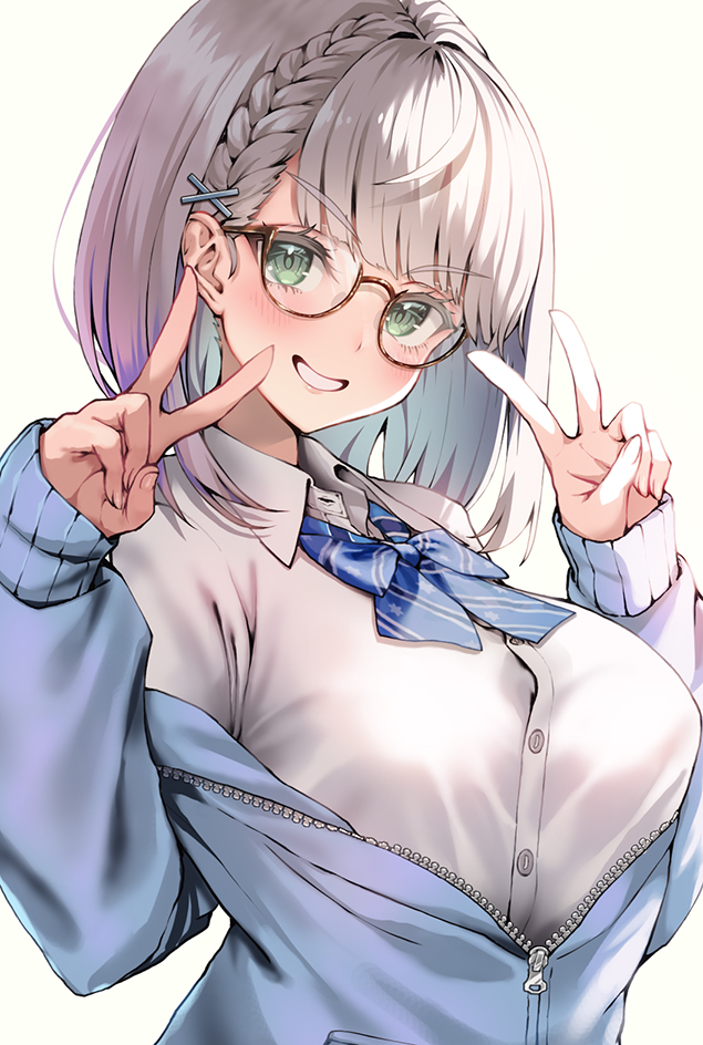 1girl bespectacled blue_bow blue_bowtie blue_jacket blush bow bowtie braid breasts collared_shirt commentary_request double_v glasses green_eyes grey_hair grin hair_ornament hololive jacket kubota_masaki large_breasts long_sleeves looking_at_viewer open_clothes open_jacket shirogane_noel shirt short_hair simple_background smile solo striped striped_bow teeth v virtual_youtuber white_background white_shirt x_hair_ornament zipper zipper_pull_tab