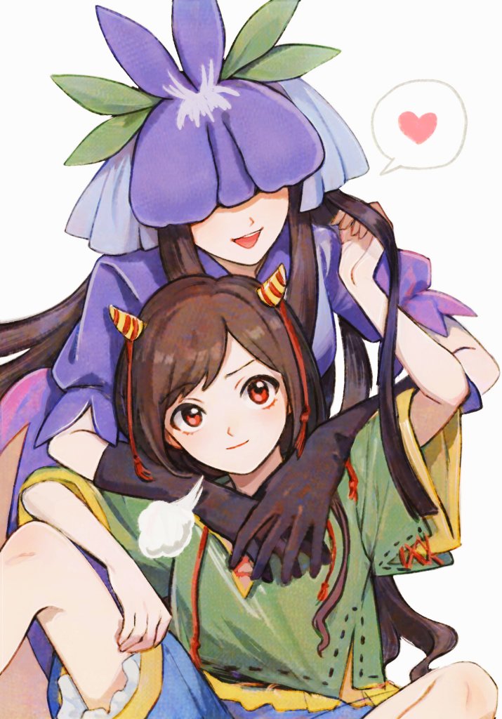 2girls black_gloves black_hair blue_shorts china_dress chinese_clothes closed_mouth dress elbow_gloves flower flower_on_head gloves green_shirt heart horns long_hair multiple_girls nippaku_zanmu oni_horns open_mouth purple_dress purple_flower shateiel_ch shirt short_sleeves shorts sidelocks spoken_heart touhou vine_print yellow_horns yomotsu_hisami