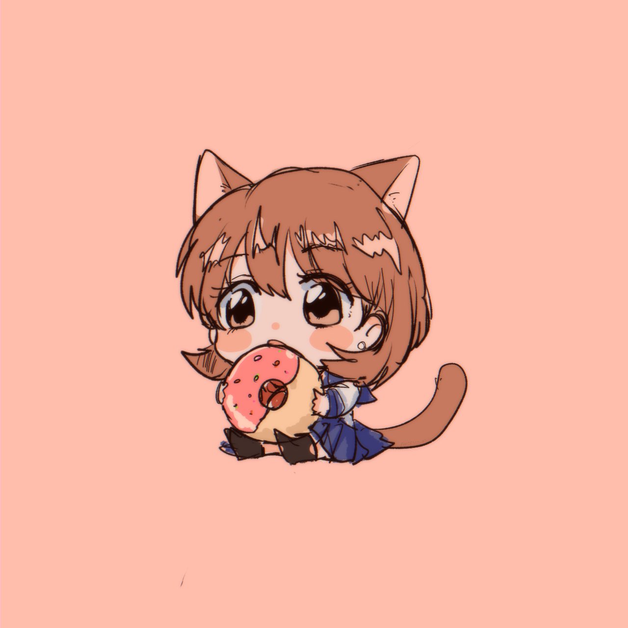 1girl alternate_costume animal_ears black_footwear blue_skirt blush_stickers brown_eyes brown_hair brown_tail cat_ears cat_tail chibi commentary_request doughnut earrings eyelashes food full_body hair_between_eyes highres holding holding_food jewelry looking_to_the_side medium_hair open_mouth persona persona_3 pink_background pleated_skirt school_uniform sitting sketch skirt solo stud_earrings tail takeba_yukari yuyuy_00