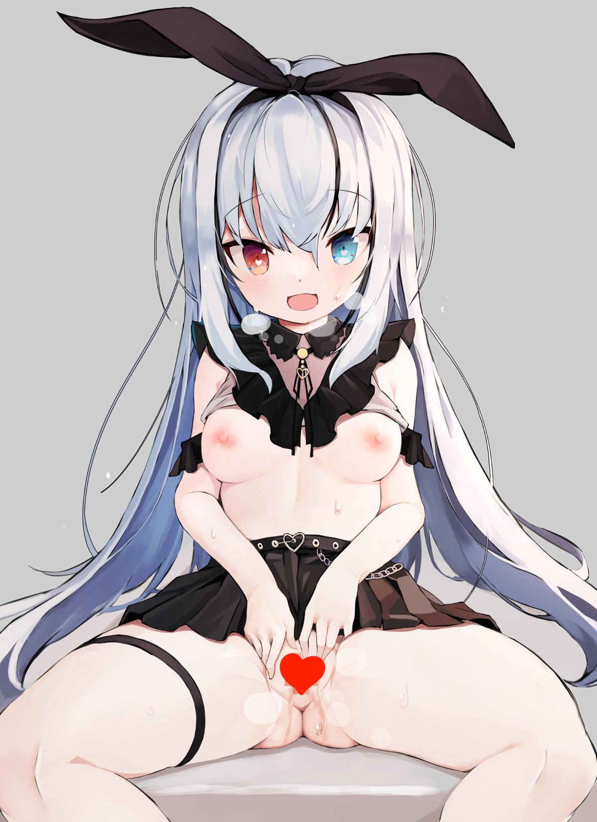 1girl ass black_skirt bow breasts censored clothes_lift grey_background grey_hair hair_bow hands_on_own_crotch heart heart_censor heterochromia highres long_hair looking_at_viewer miniskirt nipples no_bra no_panties open_mouth original pleated_skirt pussy pussy_juice ribbon shirt shirt_lift short_sleeves simple_background sitting skirt skirt_lift smile solo spread_legs spread_pussy teranekosu thigh_strap thighs white_shirt