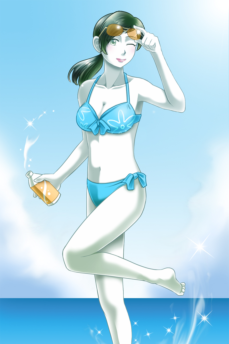 1girl barefoot bikini black_hair blue_bikini bottle breasts colored_skin day hakia_cosmos highres holding holding_bottle lipstick long_hair lotion makeup navel ocean one_eye_closed outdoors side-tie_bikini_bottom small_breasts standing standing_on_one_leg sunglasses sunscreen super_smash_bros. swimsuit white_skin wii_fit wii_fit_trainer wii_fit_trainer_(female)