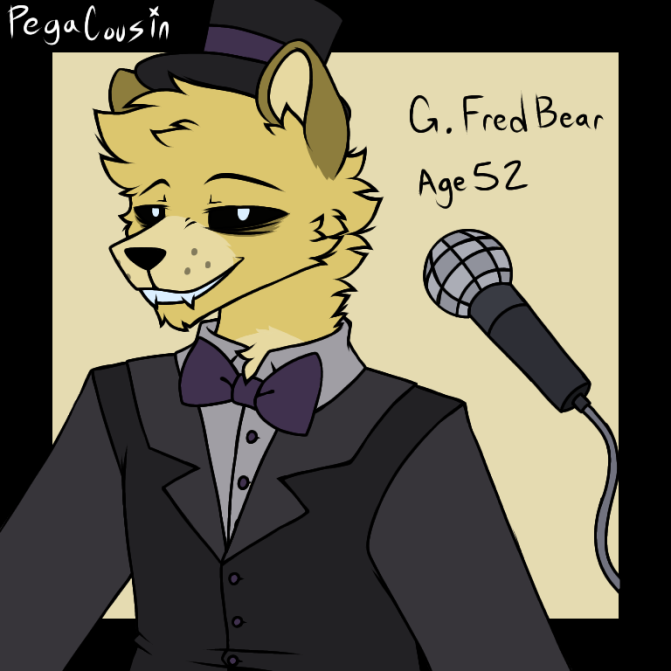 2022 adult_(lore) animatronic anthro bear black_clothing black_sclera black_suit clothing five_nights_at_freddy's fredbear_(fnaf) fur hat headgear headwear machine male mammal microphone microphone_wire model_sheet necktie pegacousin pupils purple_necktie robot scottgames singer smile smiling_at_viewer solo suit top_hat watermark white_pupils yellow_body yellow_fur