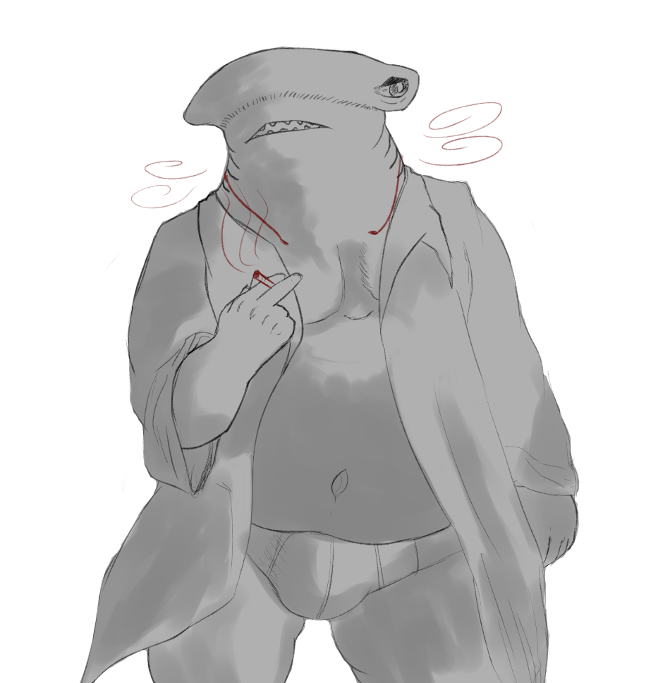 2016 5_fingers anthro belly briefs cigarette clothed clothing coat digital_drawing_(artwork) digital_media_(artwork) fingers fish front_view frown gills ground_shark hammerhead_shark holding_object looking_aside male marine nobodyshouse open_clothing open_coat open_frown open_mouth open_topwear overweight overweight_male portrait shark sharp_teeth simple_background smoke smoking solo standing teeth three-quarter_portrait topwear trenchcoat underwear white_background