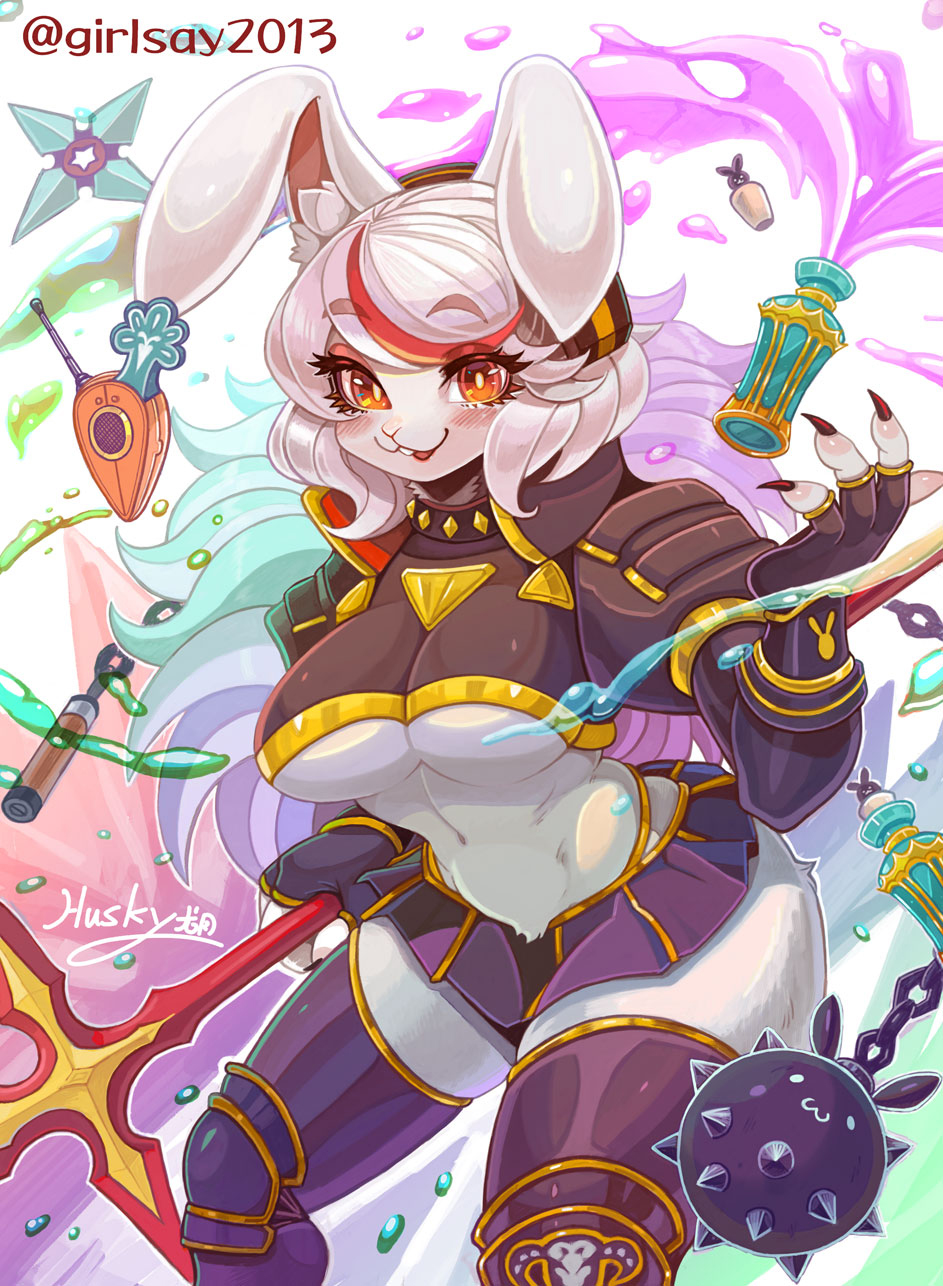 2d_(artwork) accessory amber_eyes anthro armor bangs big_breasts biped black_armor blush blush_lines breasts carrot claws clothed clothing colored colored_nails crouching cuisse eyebrow_through_hair eyebrows eyelashes eyeshadow female fingerless_gloves flail floppy_ears food fur gloves hair hair_accessory hairband handwear hi_res highlights_(coloring) holding_object holding_spear holding_weapon inner_ear_fluff lagomorph leporid long_ears long_hair looking_at_viewer makeup mammal melee_weapon morning_star morning_star_(weapon) morningstar_(weapon) nails neck_tuft orange_eyes pauldron pink_liquid plant polearm poleyn portrait potion rabbit rabbit_ears radio ranged_weapon red_claws red_eyeshadow red_highlights red_nails ruby_(girlsay) shin_guards shuriken signature simple_background skimpy skimpy_armor smile smiling_at_viewer solo spear spill standing syuriusuhusky thick_thighs three-quarter_portrait translucent translucent_hair tuft vegetable weapon white_background white_body white_fur white_hair