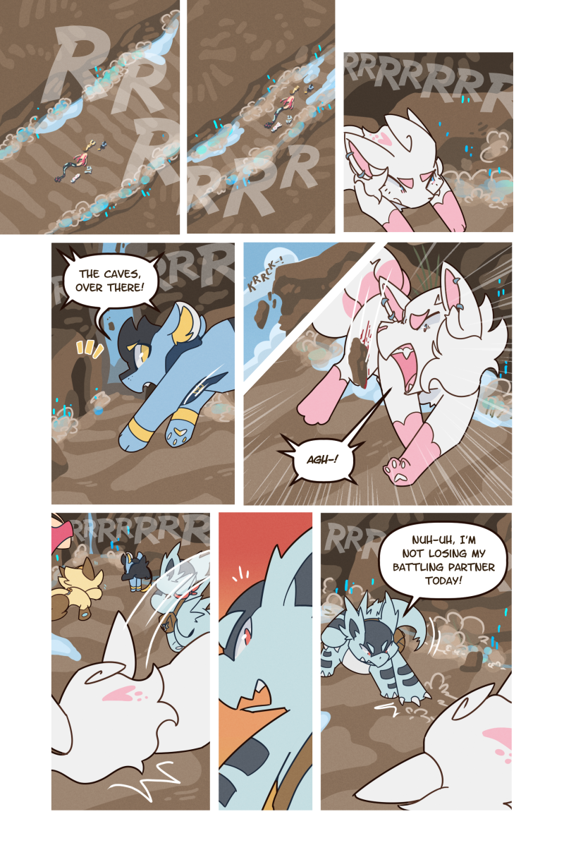 4_tails alolan_form alolan_vulpix ambiguous_gender anthro biped blue_body blue_eyes blue_fur brown_body brown_fur bruised chest_tuft claws cloud comic day dialogue dielle_(wooled) eilwyn_(wooled) english_text feral finger_claws fur generation_1_pokemon generation_3_pokemon generation_4_pokemon gloves_(marking) group head_tuft hi_res inigo_(wooled) inner_ear_fluff leg_markings malachi_(wooled) markings meowth milotic multi_tail multicolored_eyes nidorina nintendo outside pink_body pink_eyes pink_fur pokemon pokemon_(species) pokemon_mystery_dungeon quadruped red_eyes regional_form_(pokemon) rock rumbling rune_(wooled) running scratch shinx shiny_pokemon sky socks_(marking) speech_bubble tail tan_body text tuft two_tone_eyes white_body white_fur wooled yellow_body yellow_eyes yellow_fur