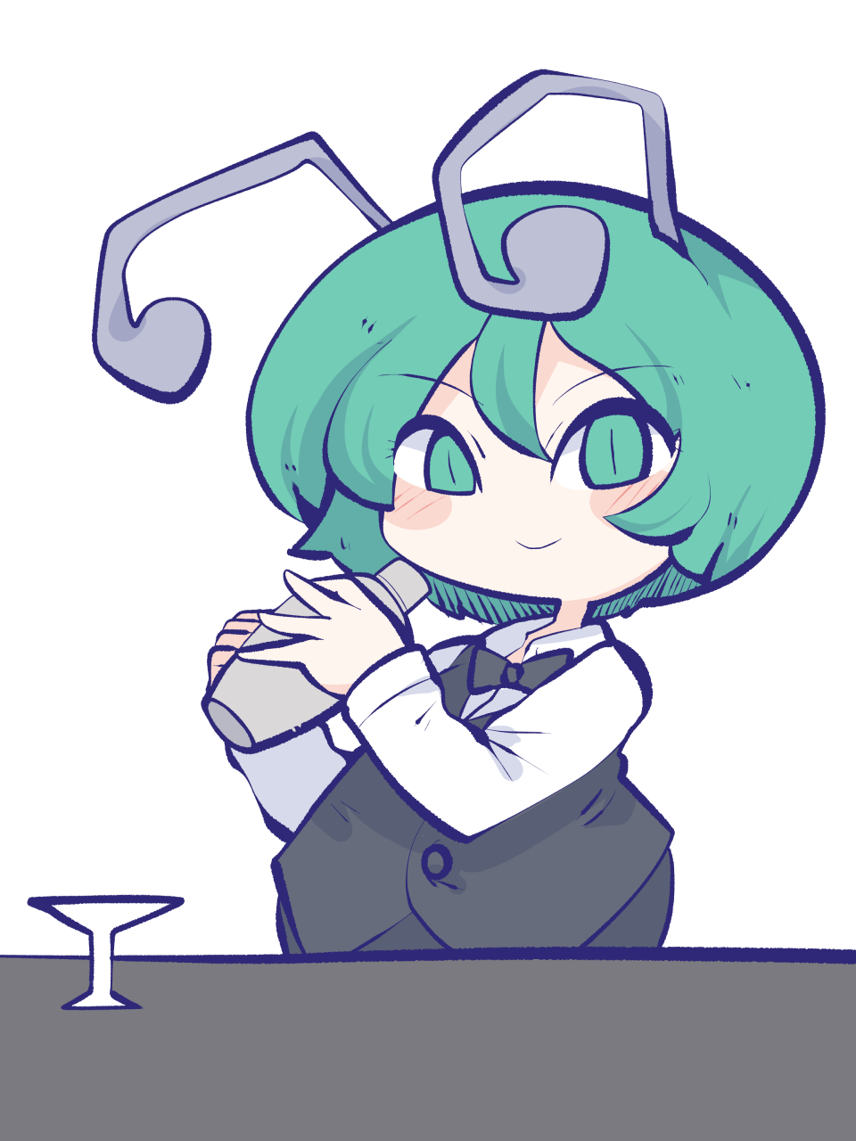 1girl alternate_costume antennae black_bow black_bowtie black_jacket bow bowtie chahan_(fried_rice0614) closed_mouth cocktail_shaker collared_shirt commentary cup drinking_glass formal green_eyes green_hair highres holding jacket looking_at_viewer shirt short_hair simple_background smile solo touhou white_background white_shirt wriggle_nightbug