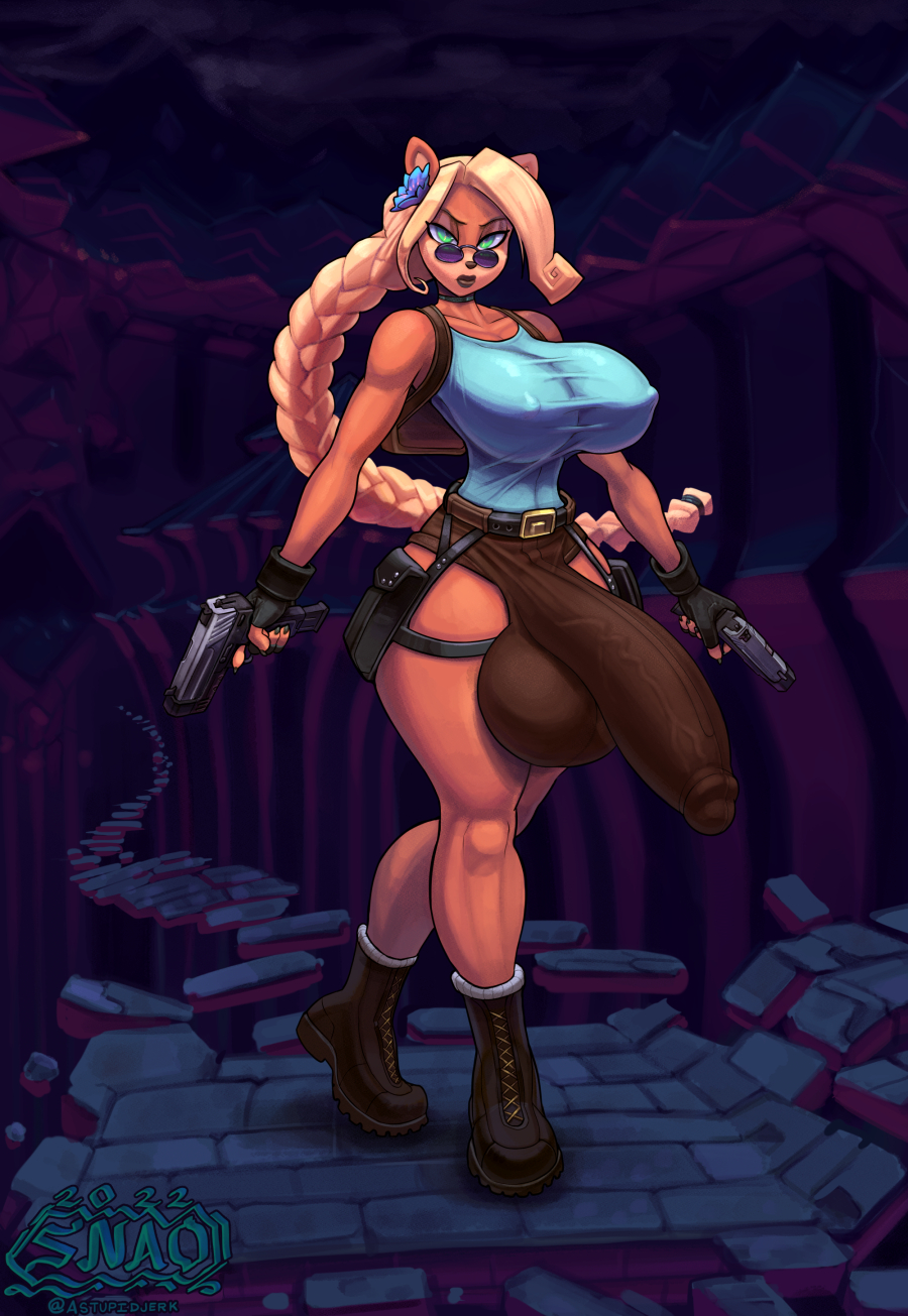 2022 accessory activision anthro artist_name balls bandicoot big_breasts big_bulge big_penis blonde_hair boots bottomwear braided_hair breasts brown_body bulge clothed clothing coco_bandicoot cosplay crash_bandicoot_(series) crossover crossover_cosplay dated detailed_bulge eyebrows eyewear fingerless_gloves fingers flower flower_in_hair footwear full-length_portrait genitals gloves green_eyes gun gynomorph hair hair_accessory halloween halloween_2022 handgun handwear hi_res holidays hotpants huge_breasts huge_penis hyper hyper_genitalia hyper_penis intersex lara_croft long_hair looking_at_viewer mammal marsupial multicolored_body nipple_outline penis plant portrait ranged_weapon shorts skimpy small_waist snao solo standing sunglasses thick_thighs tomb_raider topwear two_tone_body vein veiny_penis weapon