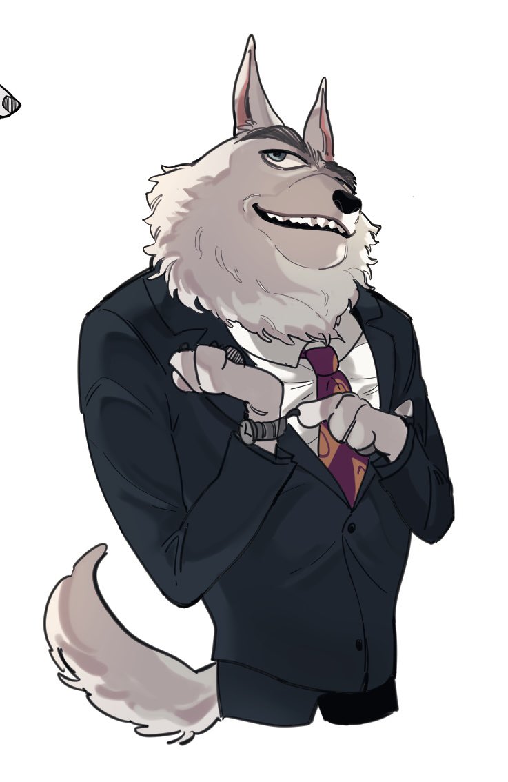 anthro arctic_wolf canid canine canis clock clothing dududud_duu eyebrows fluffy gesture illumination_entertainment jimmy_crystal male mammal necktie pointing pointing_at_self sing_(movie) solo suit tail teeth thick_eyebrows watch wolf wristwatch