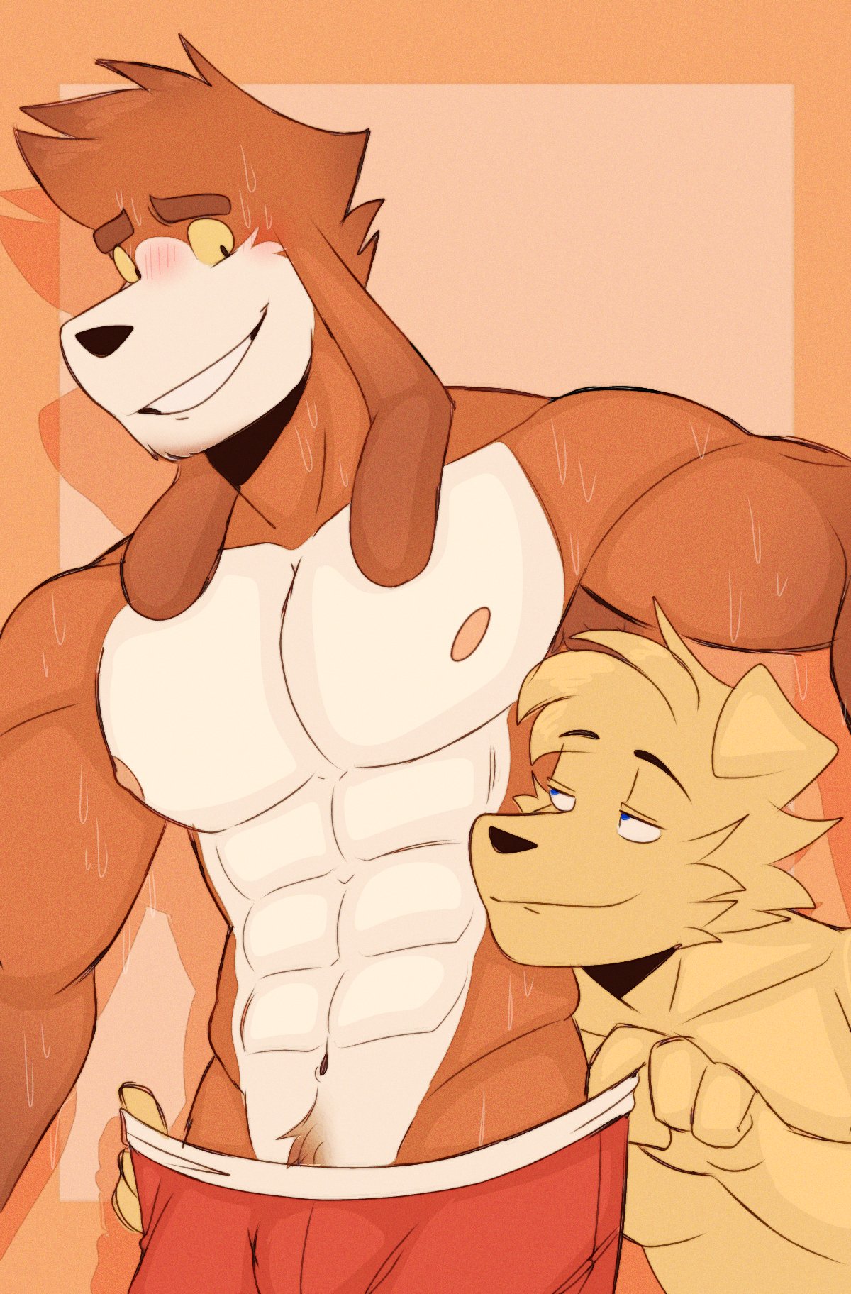 2023 abs anthro armpit_hair armpit_tuft athletic athletic_anthro athletic_male beagle biceps bird_dog black_nose blonde_hair blue_eyes blush bodily_fluids body_hair border bottomwear brown_body brown_fur brown_hair bulge canid canine canis clothed clothing colored domestic_dog duo ears_down eyebrows facial_hair floppy_ears fur golden_retriever hair happy_trail hi_res hunting_dog long_ears male male/male mammal multicolored_body multicolored_fur muscular muscular_anthro muscular_male nao_o'connor navel nipples partially_clothed pecs pink_nipples pivoted_ears pubes pulling_underwear raised_eyebrow red_clothing red_underwear retriever scent_hound seductive shirtless shirtless_anthro shirtless_male simple_background smile smiling_at_partner smirk standing suggestive suggestive_look suggestive_pose sweat sweatdrop tan_background thick_eyebrows underwear underwear_down undressing undressing_another white_body white_fur wilson_(wilsondoggo64) wilsondoggo64 yellow_body yellow_eyes yellow_fur
