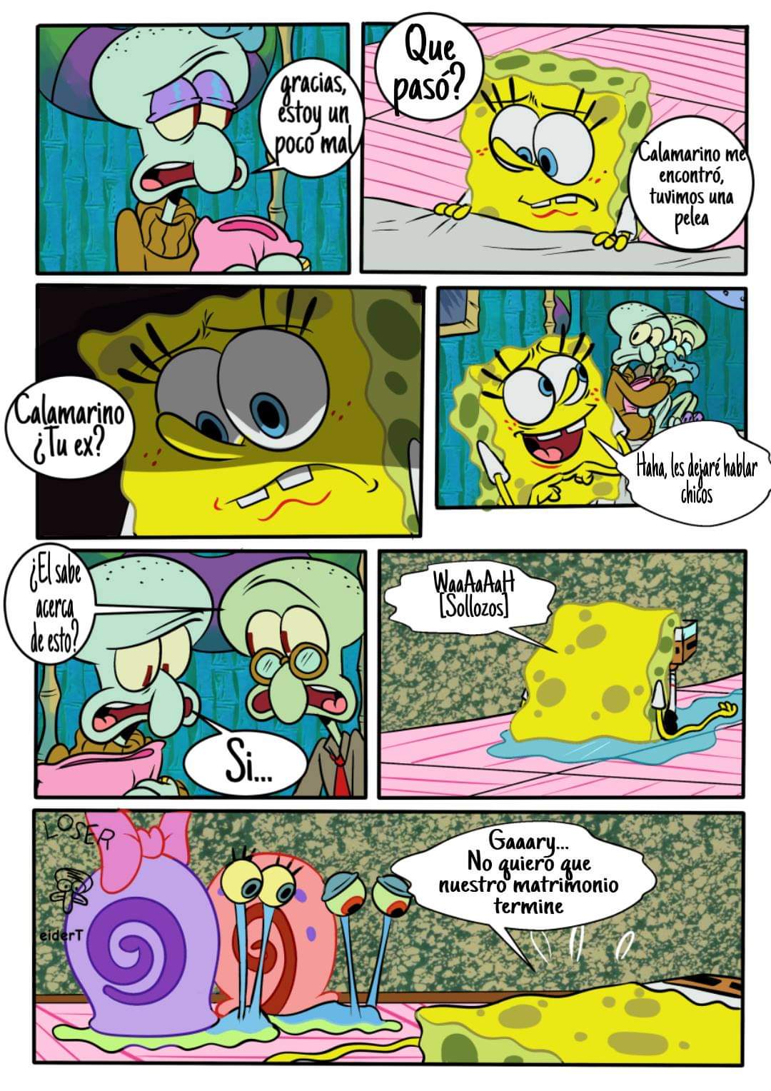 anthro cephalopod coleoid detailed_background dialogue female feral gary_the_snail gastropod group hi_res male marine mollusk nickelodeon octopodiform octopus on_model pancaketiffy sea_sponge snail snellie spanish_text speech_bubble spongebob_squarepants spongebob_squarepants_(character) squidward_tentacles text toony