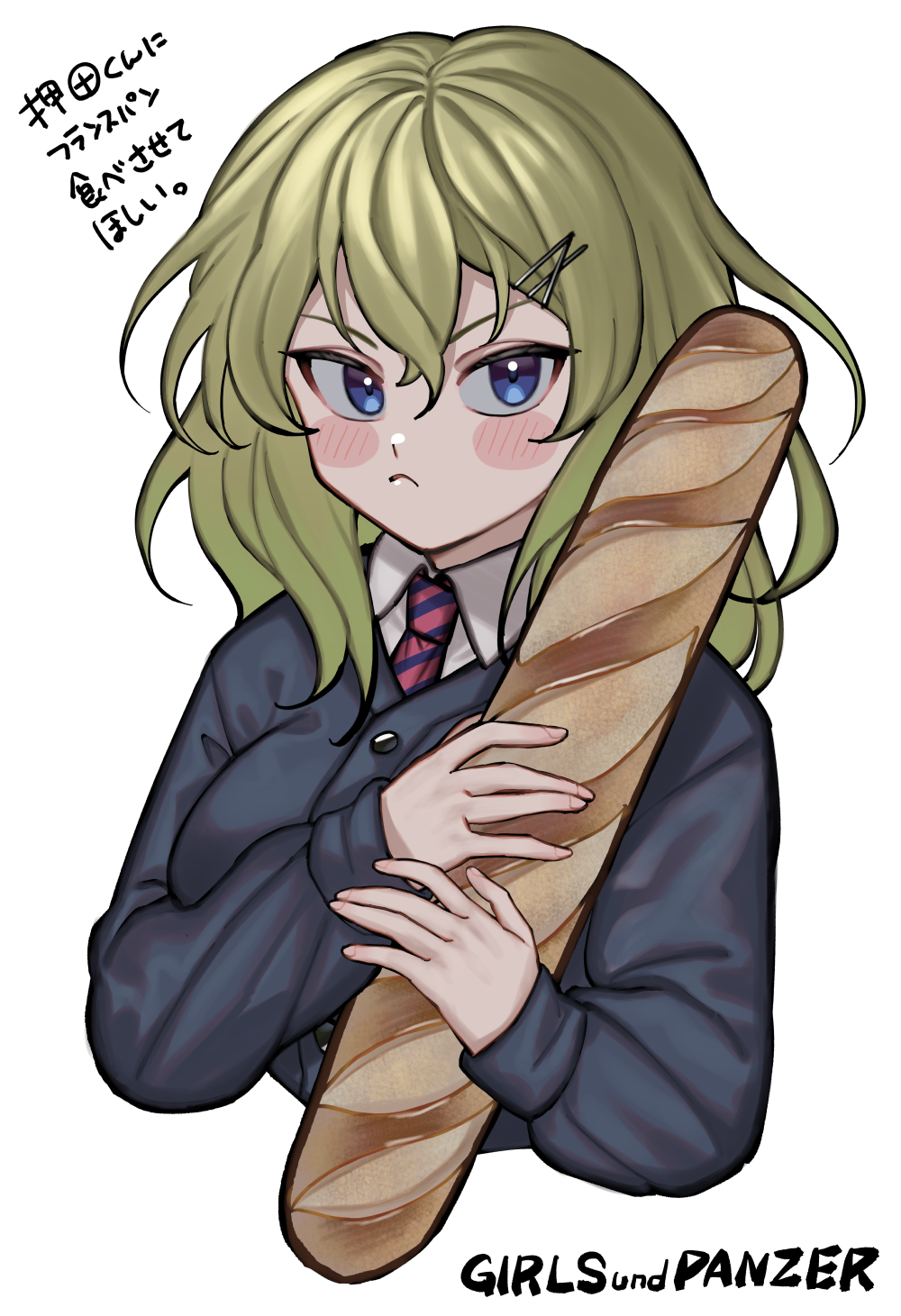 1girl baguette bc_freedom_school_uniform blonde_hair blue_eyes blue_sweater blush bread closed_mouth commentary_request copyright_name dress_shirt food girls_und_panzer hair_between_eyes hair_ornament hairpin highres holding long_sleeves looking_at_viewer machishita_atake medium_hair necktie oshida_(girls_und_panzer) pout school_uniform shirt simple_background solo striped_necktie sweater white_background white_shirt