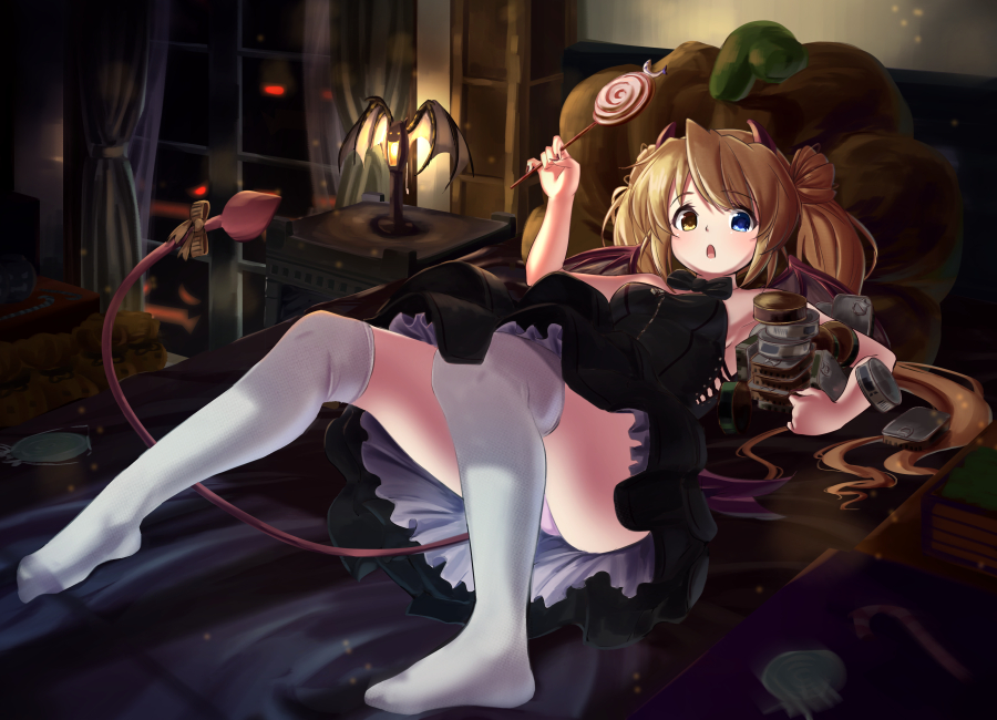 1girl :o bare_arms bare_shoulders black_bow black_bowtie black_dress blonde_hair blue_eyes blush bow bowtie breasts can candy canned_food commentary_request demon_horns demon_tail demon_wings desk_lamp dress fake_horns fake_tail fake_wings fish_ornament food frilled_dress frills full_body hair_between_eyes hair_spread_out halloween halloween_costume hand_up heterochromia holding holding_candy holding_food horns indoors knees_up lamp light_particles long_hair looking_at_viewer lying nakatsu_shizuru night no_shoes on_back on_table open_mouth panties panty_peek pink_panties rewrite small_breasts solo strapless strapless_dress table tagame_(tagamecat) tail thighhighs thighs twintails underwear white_thighhighs window wings yellow_eyes