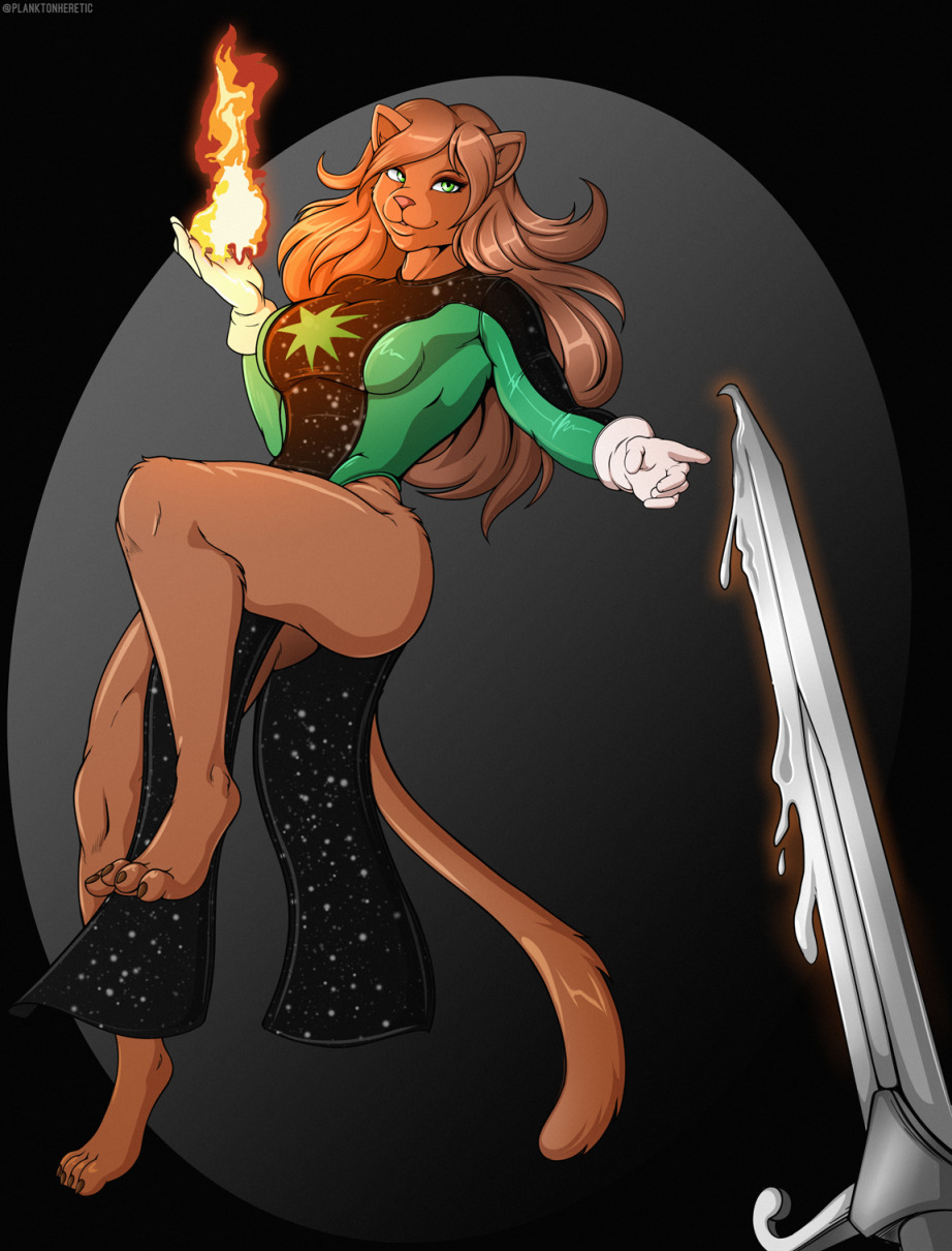 anthro bottomless breasts brown_body brown_fur clothed clothing elemental_manipulation felid feline female fire fire_manipulation fur gloves hair handwear hi_res mammal planktonheretic simple_background solo superhero superpowers tight_clothing topwear topwear_only