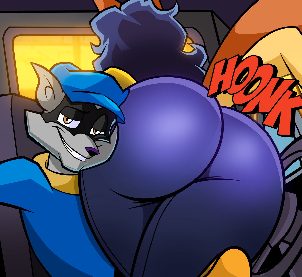 anthro ass_to_face big_butt butt canid canine car carmelita_fox duo female fox grimphantom he_wants_to_order honk looking_at_viewer male mammal mask meme procyonid raccoon sly_cooper sly_cooper_(series) sony_corporation sony_interactive_entertainment sucker_punch_productions vehicle