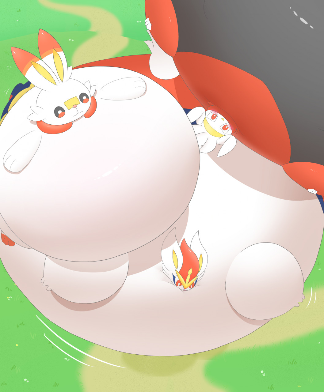 black_body black_fur blush body_inflation cinderace embarrassed floating fur generation_8_pokemon group hgh-pine hi_res immobile inflation inflation_fetish nintendo pokemon pokemon_(species) puffed_cheeks raboot red_body red_fur round_body scorbunny trio white_body white_fur