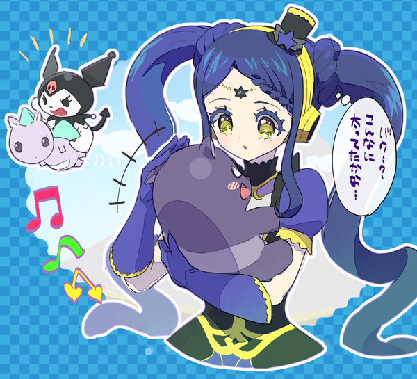 1girl :o baku_(creature) baku_(onegai_my_melody) black_headwear blue_background blue_gloves blue_hair braid braided_bangs commentary_request creator_connection creature crossover demon_tail flying garara_s_leep genre_connection gloves hat hat_ornament headphones holding holding_creature hood hood_up idol_time_pripara kuromi long_hair looking_at_another mini_hat moudoku_(decopon3rd) musical_note onegai_my_melody open_mouth pakku_(pripara) petting pretty_(series) pripara puffy_short_sleeves puffy_sleeves sanrio short_sleeves species_connection star_(symbol) star_hat_ornament tail tapir thought_bubble trait_connection translation_request twintails very_long_hair yellow_eyes