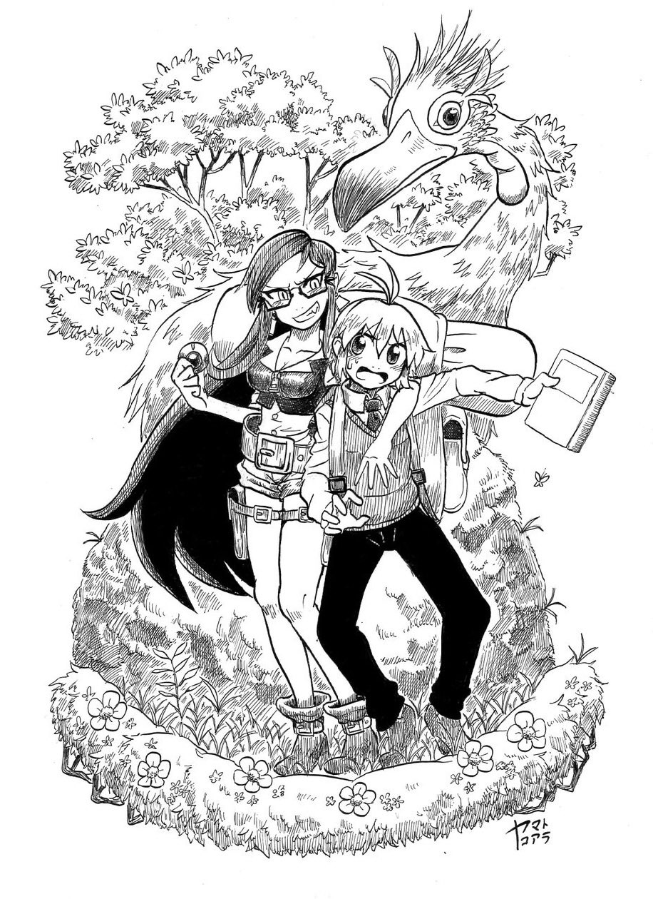 1boy 1girl antenna_hair arm_around_shoulder backpack bag belt belt_buckle bird blush boots buckle bug butterfly buttons clenched_teeth collarbone collared_shirt commentary_request fang flower_bed glasses greyscale height_difference highres holding holding_notebook koaraymt layered_shirt leaf long_hair long_sleeves looking_at_another monochrome necktie notebook open_mouth original pants pocket puffy_short_sleeves puffy_sleeves shirt shoe_belt shoes short_hair short_sleeves shorts signature slit_pupils smile sweatdrop teeth thigh_belt thigh_strap tree v-shaped_eyebrows very_long_hair vest
