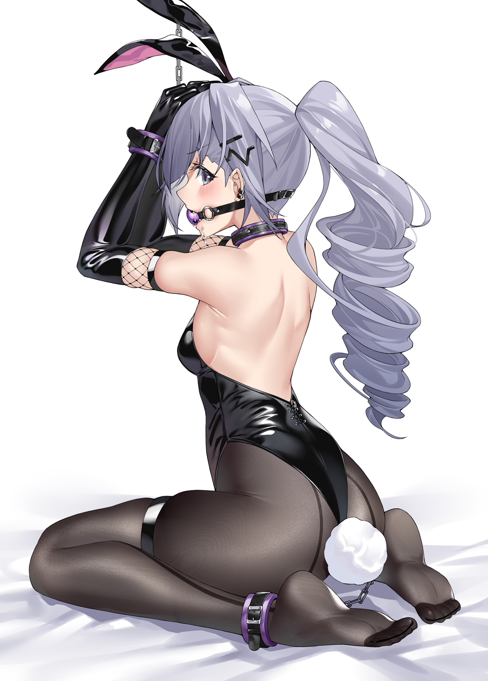 1girl animal_ears ass ball_gag bare_shoulders bed_sheet black_gloves black_leotard bound bound_wrists breasts brown_pantyhose drill_hair ear_piercing fake_animal_ears fake_tail fishnet_gloves fishnets gag gagged ginklaga gloves hands_up highres honkai:_star_rail honkai_(series) leotard long_hair looking_back medium_breasts no_shoes o-ring pantyhose piercing ponytail rabbit_ears rabbit_tail restrained shiny_clothes sideways_glance silver_wolf_(honkai:_star_rail) simple_background sitting skindentation tail thigh_strap wariza white_background