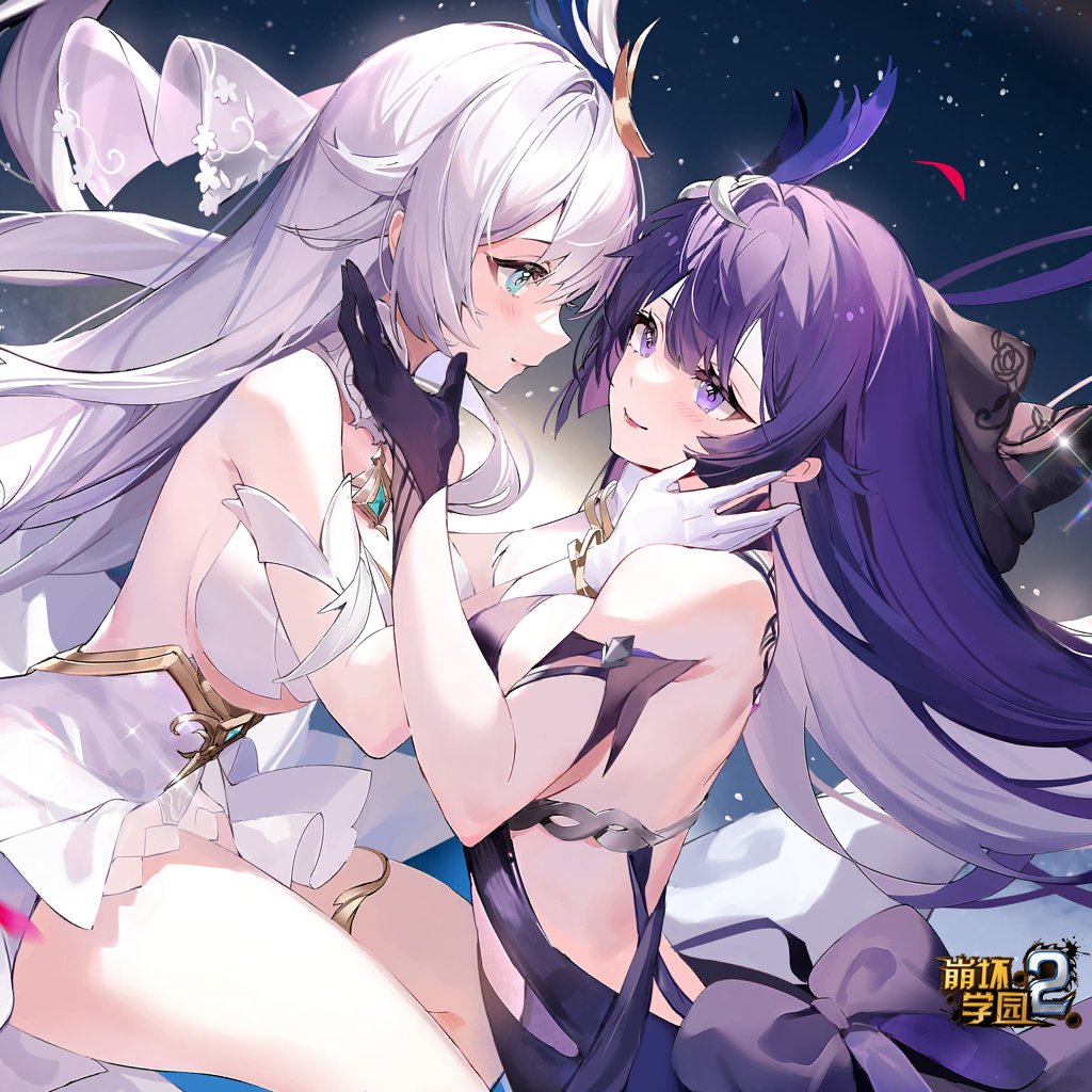 2girls backless_outfit bare_shoulders benghuai_xueyuan blue_eyes bracelet copyright_name english_commentary gloves hair_ornament hands_on_another's_face honkai_(series) jewelry kiana_kaslana long_hair multiple_girls official_art purple_eyes purple_hair raiden_mei smile third-party_source white_hair