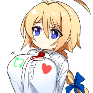 1girl :o ahoge arrow_(symbol) blazblue blonde_hair blue_bow blue_eyes bow braid braided_ponytail breasts center_frills es_(xblaze) frills hair_between_eyes hair_bow heart huge_ahoge kkis-i large_breasts like_and_retweet long_hair long_sleeves lowres meme motion_lines necktie open_mouth red_necktie retweet_(meme) shirt simple_background single_braid solo tented_shirt underbust white_background xblaze xblaze_code:_embryo