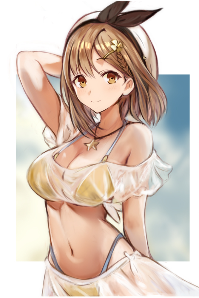 1girl arm_behind_head atelier_(series) atelier_ryza beret bikini black_hairband border bow_hairband braid breasts brown_eyes brown_hair cleavage closed_mouth commentary_request hair_behind_ear hair_ornament hairband hairclip hat highleg highleg_bikini jewelry large_breasts looking_at_viewer nannacy7 navel necklace outside_border reisalin_stout sarong see-through see-through_sarong smile solo star_(symbol) star_necklace swimsuit white_border yellow_bikini