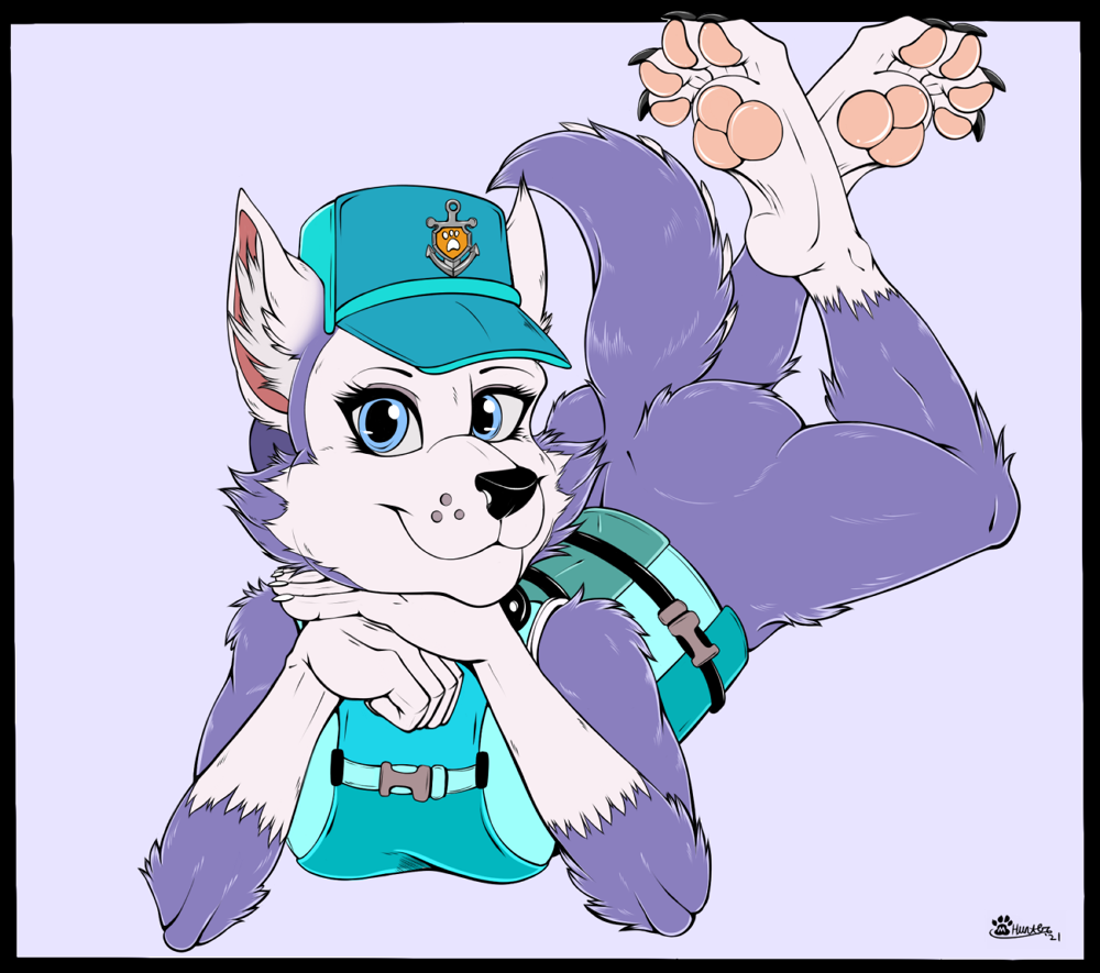2021 anthro blue_eyes bottomless bottomless_anthro bottomless_female butt canid canine canis claws clothed clothing crossed_legs domestic_dog everest_(paw_patrol) female fur hands_on_chin hat headgear headwear inner_ear_fluff legs_up looking_at_viewer lying mammal marcushunter mouth_closed on_front paw_patrol paws raised_tail signature smile smiling_at_viewer solo tail toe_claws topwear tuft wide_eyed