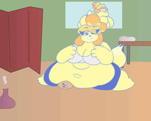 animal_crossing animated anthro belly big_butt blonde_hair blue_clothing brown_body brown_fur butt canid canine canis clothed clothing domestic_dog duo enjoying female fur hair isabelle_(animal_crossing) low_res male male/female mammal navel nintendo obese obese_anthro obese_female orange_hair overweight overweight_anthro overweight_female raised_clothing smash smashmat startlin super_smash_bros. tail yellow_body yellow_tail