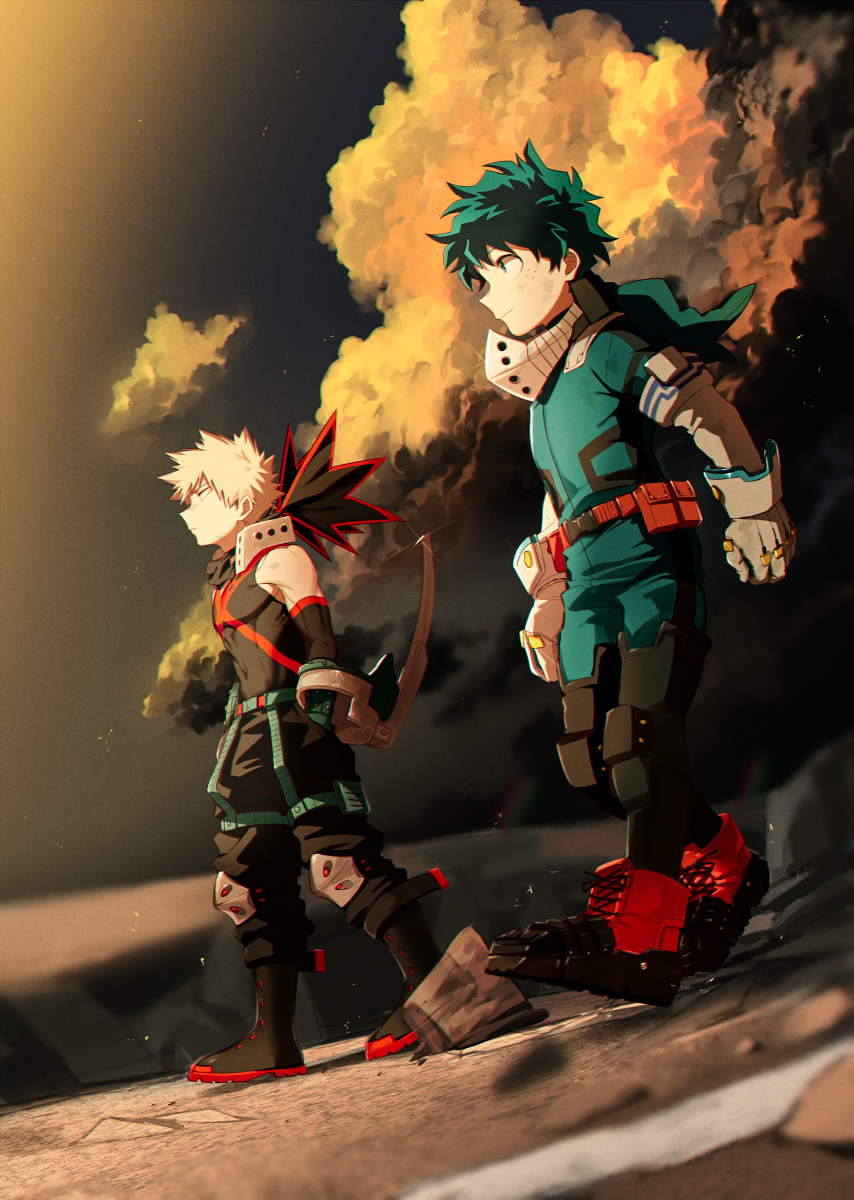 2boys arms_at_sides bakugou_katsuki bare_shoulders belt belt_pouch black_cloud black_clouds black_footwear black_mask black_pants black_tank_top blonde_hair blurry blurry_background blurry_foreground bodysuit boku_no_hero_academia boots chromatic_aberration clenched_hands closed_mouth cloud cloudy_sky colored_shoe_soles combat_boots commentary_request covered_navel cross-laced_footwear depth_of_field detached_sleeves dirty dirty_clothes dirty_face dutch_angle eye_mask film_grain freckles from_side full_body gloves green_bodysuit green_eyes green_hair hands_in_pockets headgear highres knee_pads light looking_ahead male_focus maneki-neko_(fujifuji) mask mask_around_neck midoriya_izuku multiple_boys outdoors pants partial_commentary pouch profile red_belt rock scratches shadow short_hair sidelighting sideways_mouth sky sleeveless snap-fit_buckle spiked_hair sunlight tank_top toned toned_male utility_belt v-neck walking white_gloves wrist_guards x yellow_clouds