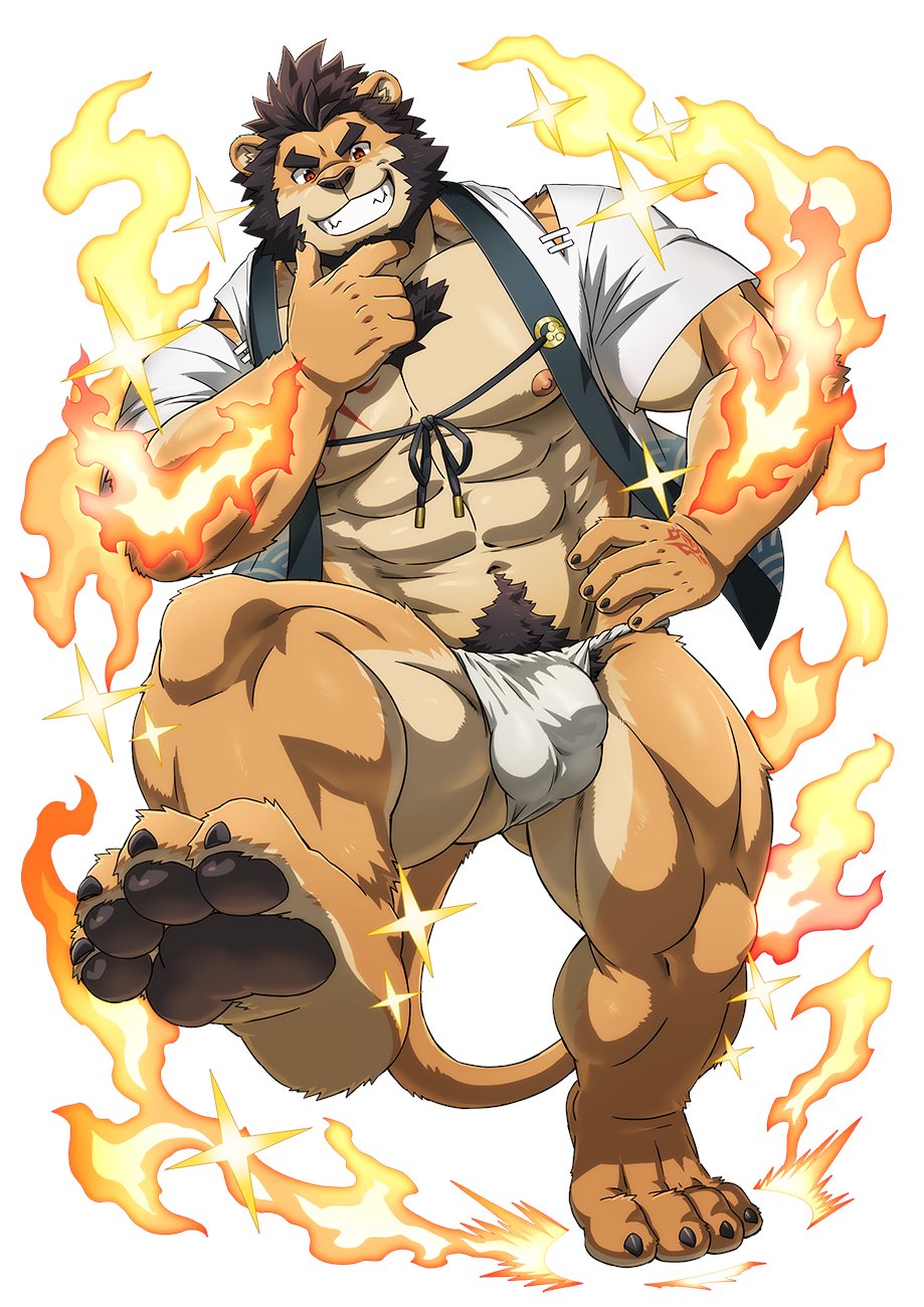 2021 4_toes 5_fingers abs alcander_(wakatanka4) anthro arm_tuft asian_clothing beard biceps black_hair bulge chest_tattoo chest_tuft claws clothed clothing east_asian_clothing facial_hair feet felid finger_claws finger_on_chin fingers fire flaming_hair flaming_tail fundoshi fur hair hand_on_chin hand_tattoo hi_res japanese_clothing lion male mammal muscular muscular_anthro muscular_male muscular_thighs navel nipples obliques open_clothing open_topwear orange_body orange_fur pantherine pawpads pesc pseudo_hair pubes red_eyes rossciaco smile soles solo tail tattoo toe_claws toes topwear tuft underwear walking