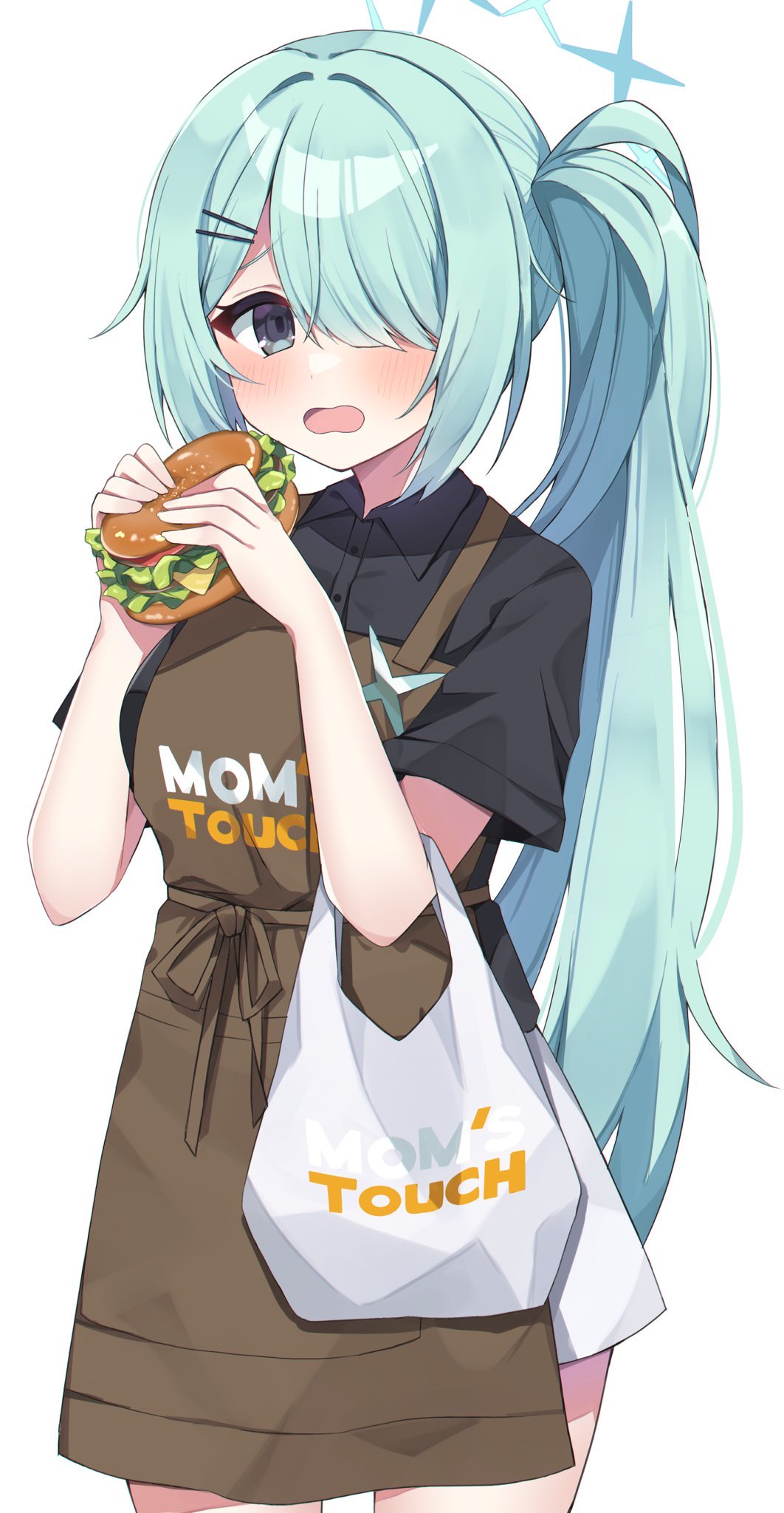 1girl apron bag black_shirt blue_archive blush brown_apron burger collared_shirt cowboy_shot food green_eyes green_hair green_halo hair_over_one_eye halo highres hiyori_(blue_archive) holding holding_food long_hair looking_at_viewer mom's_touch murase48 open_mouth plastic_bag shirt short_sleeves side_ponytail simple_background solo white_background