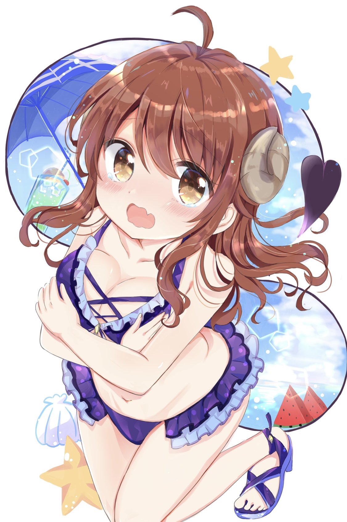 1girl ahoge bare_arms bikini blue_footwear blue_sky blush breasts breasts_squeezed_together brown_eyes brown_hair clam cleavage collarbone commentary_request covering_breasts covering_privates crossed_arms curled_horns curvy demon_girl demon_horns demon_tail embarrassed eyelashes eyes_visible_through_hair fang floating_hair foreshortening frilled_bikini frills from_above groin hair_between_eyes highres horns kneeling knees_out_of_frame large_breasts light_particles long_hair looking_at_viewer machikado_mazoku nanami_ayane_(kusunoki5050) navel open_mouth polka_dot polka_dot_bikini purple_bikini sandals sidelocks simple_background skin_fang sky solo star_(symbol) starfish swimsuit tail tareme tears umbrella water wavy_hair wavy_mouth white_background yoshida_yuuko_(machikado_mazoku)