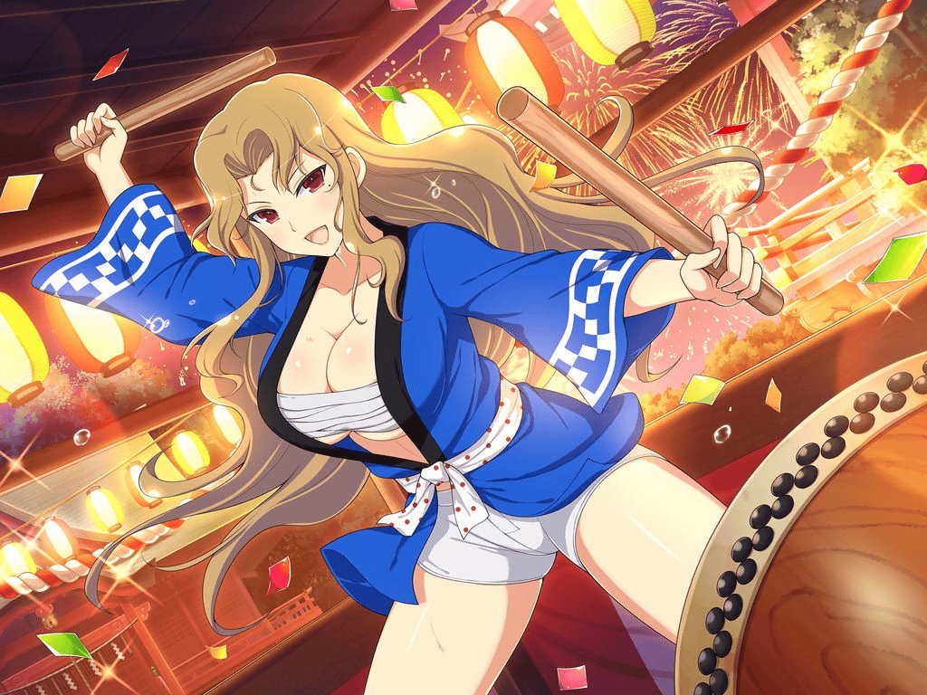 1girl aerial_fireworks architecture blonde_hair blush breasts budget_sarashi chest_sarashi cleavage collarbone confetti daidouji_(senran_kagura) drum drumming drumsticks east_asian_architecture festival fireworks flying_sweatdrops happi holding holding_drumsticks instrument japanese_clothes kouhaku_nawa lantern large_breasts linea_alba long_hair looking_at_viewer mole mole_under_eye music navel night night_sky official_alternate_costume official_art open_mouth pagoda paper_lantern playing_instrument polka_dot red_eyes rope sarashi senran_kagura senran_kagura_burst senran_kagura_new_link senran_kagura_shoujo-tachi_no_shin'ei shide shimenawa shiny_skin short_shorts shorts shrine sky smile solo summer_festival sweat taiko_drum taiko_sticks temple tongue tree very_long_hair white_shorts yaegashi_nan