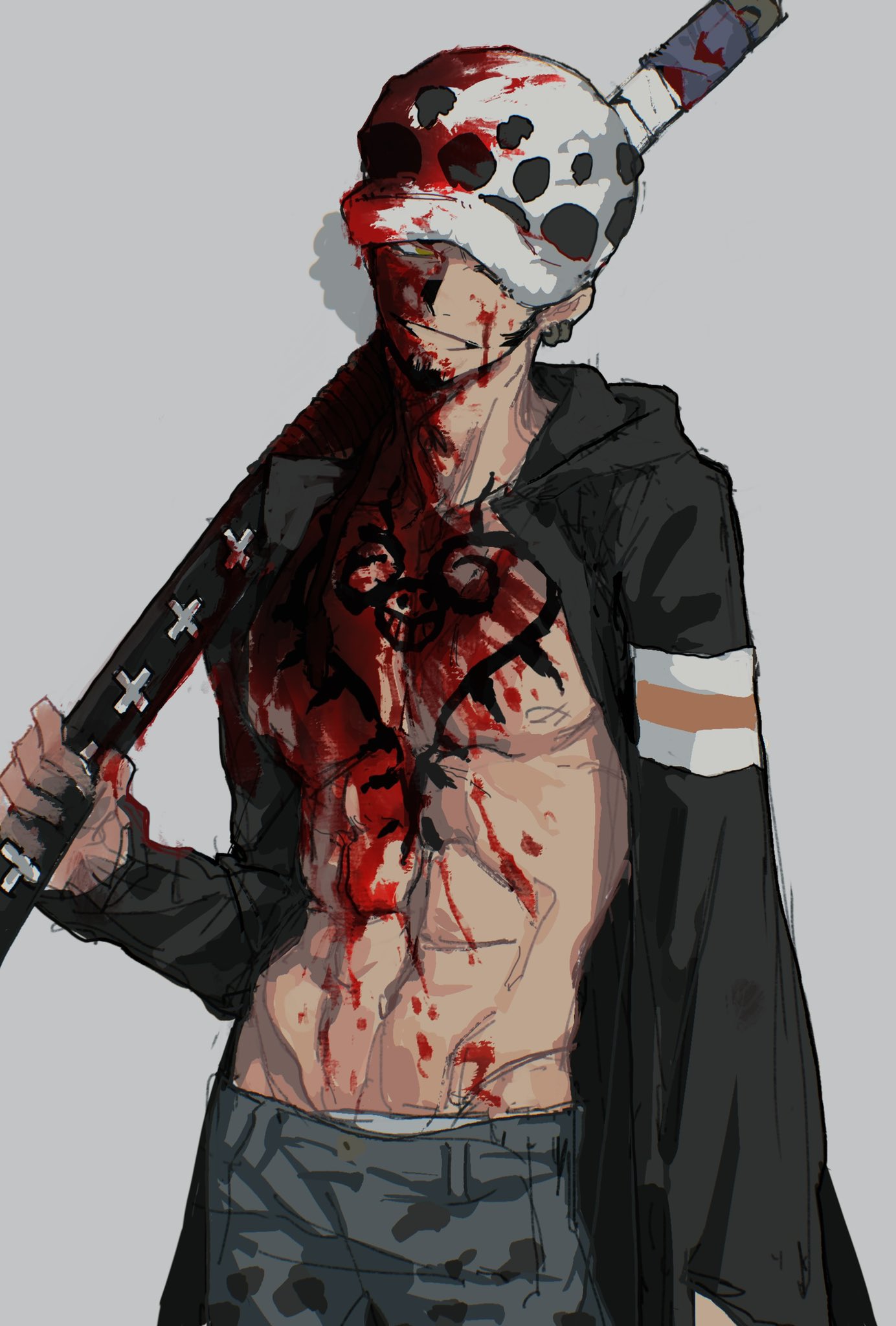 1boy black_coat blood blood_on_chest blood_on_face chest_tattoo coat denim earrings facial_hair hat_over_one_eye highres holding holding_sheath holding_sword holding_weapon jeans jewelry long_sleeves male_focus one_piece open_clothes open_coat pants runa_3152 sheath sheathed simple_background smile solo sword tattoo trafalgar_law weapon yellow_eyes